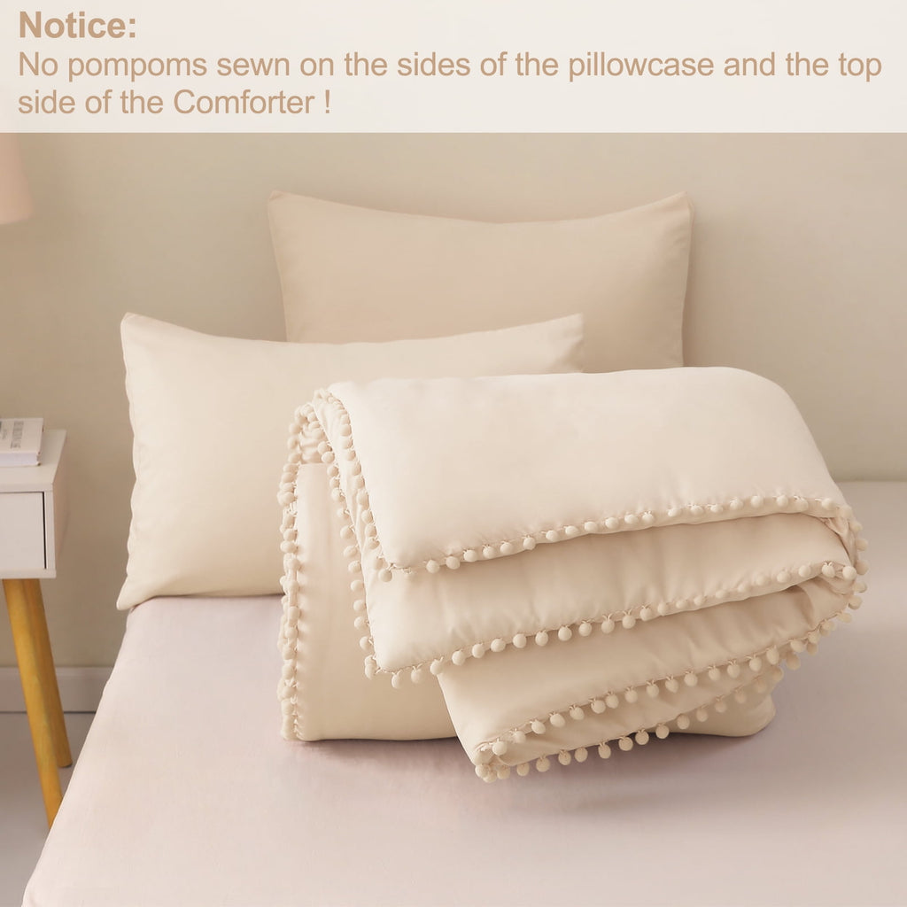 Boho Pom Pom Ball Fringe King Size Comforter Set, 3 Pieces Beige Lightweight Down Alternative Bedding Comforter Sets ... - Image 6