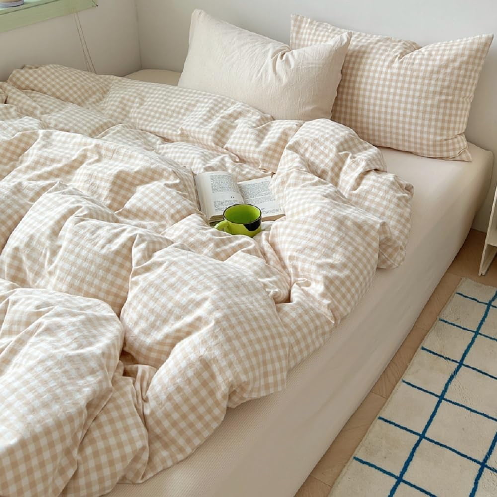 JOLUSERE Soft Beige White Plaid Comforter Twin Sets, 2 Pieces Breathable Plaid Buffalo Checkered Comforter for All Season - Image 4