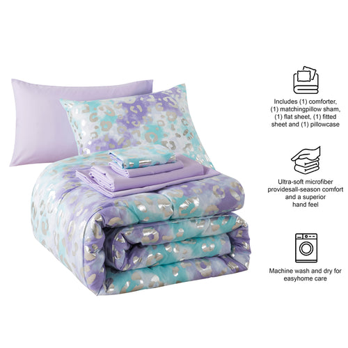 5-Piece Purple Metallic Foil Cheetah Bedding Set for Kids with Storage Bag, Twin - Image 2
