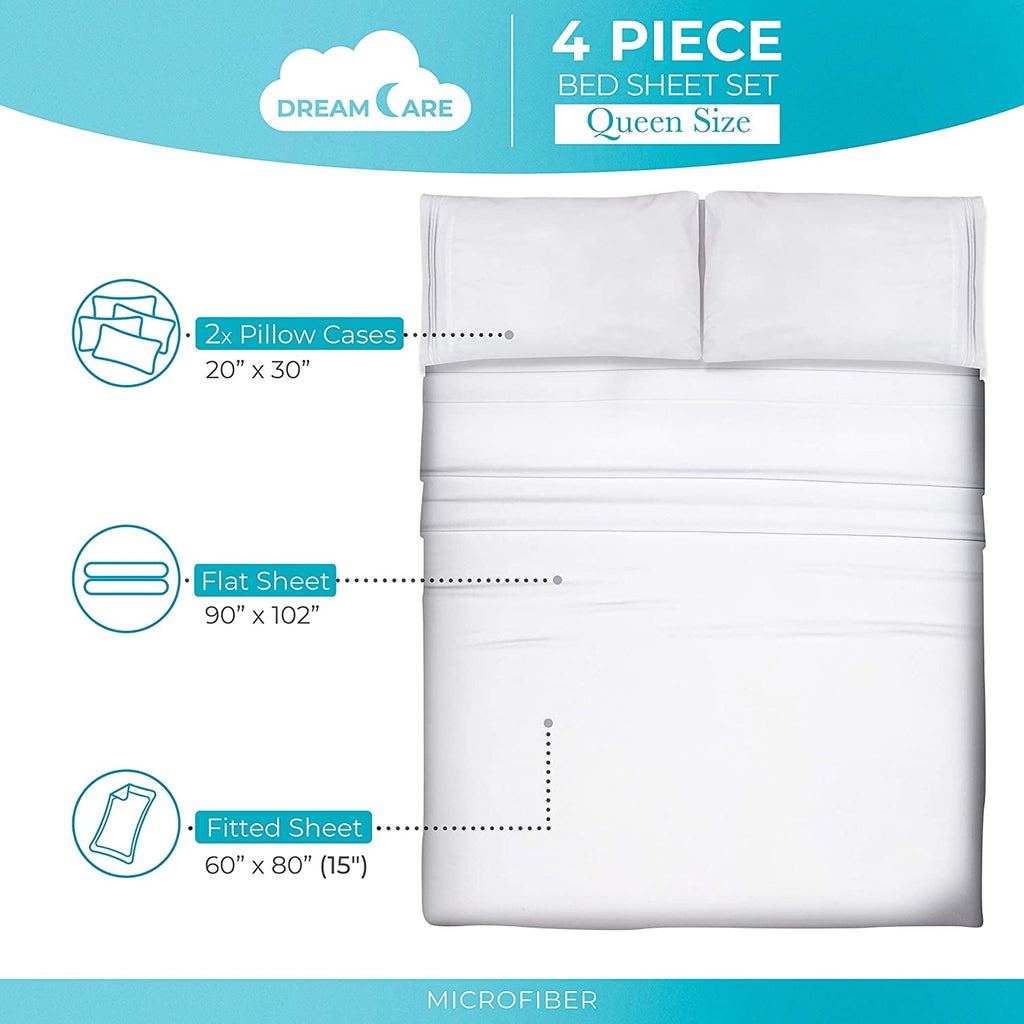 Bed Sheets Set - Queen Size Sheet with Side Pocket - 4pcs Set, 15 inches, White - Image 2