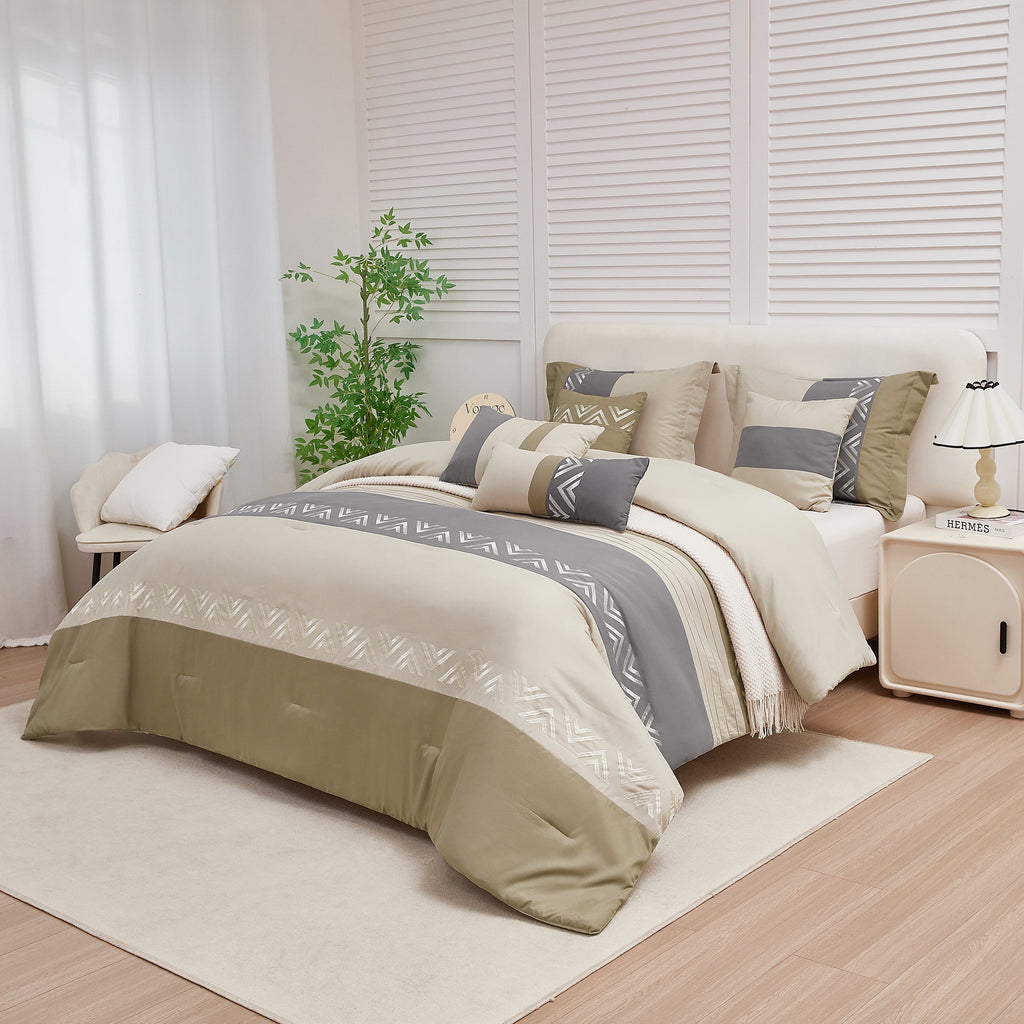 7 Piece Embroidery Design Bed-in-a-Bag, Taupe Queen Size Ultra Soft Comforter Set for Adults - Image 2