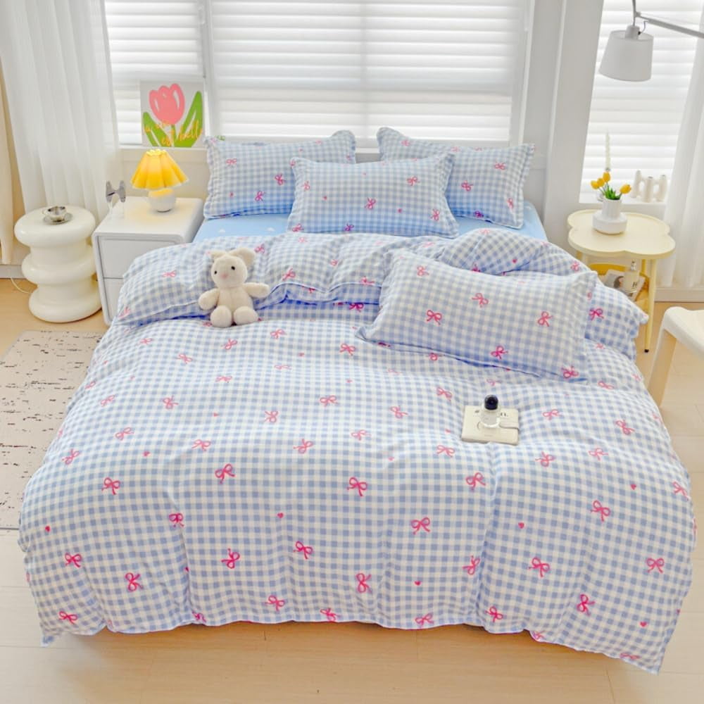 JOLUSERE 3-Piece Blue Plaid Pink Bows Comforter Full Set , Cute Soft Bedding Set for Kids Adults - Image 3