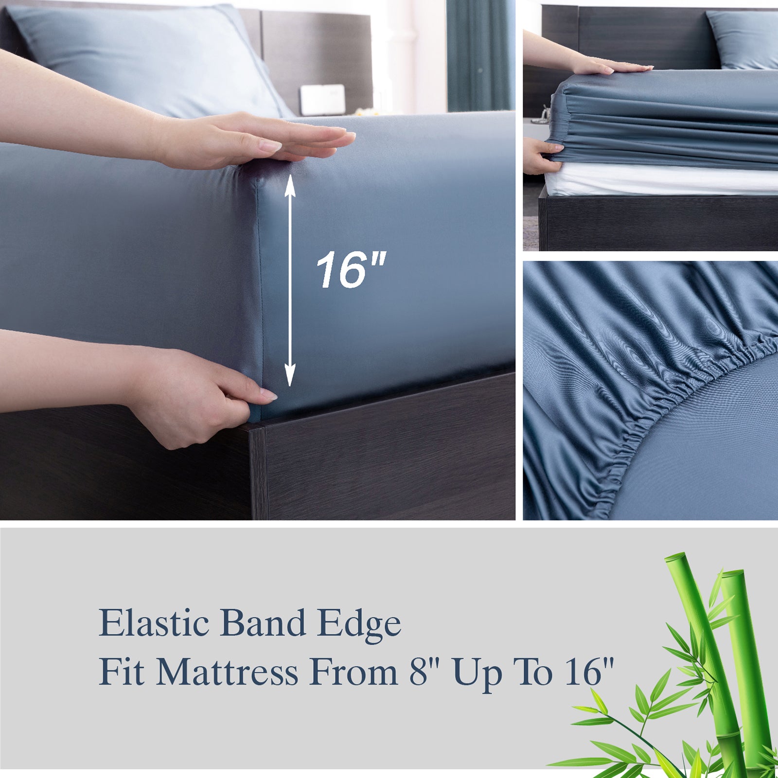 Luxury Bamboo Bed Sheets Set Full 4 Pcs for Adult,Soft&Cool,16" Deep Pocket,Blue Gray - Image 3