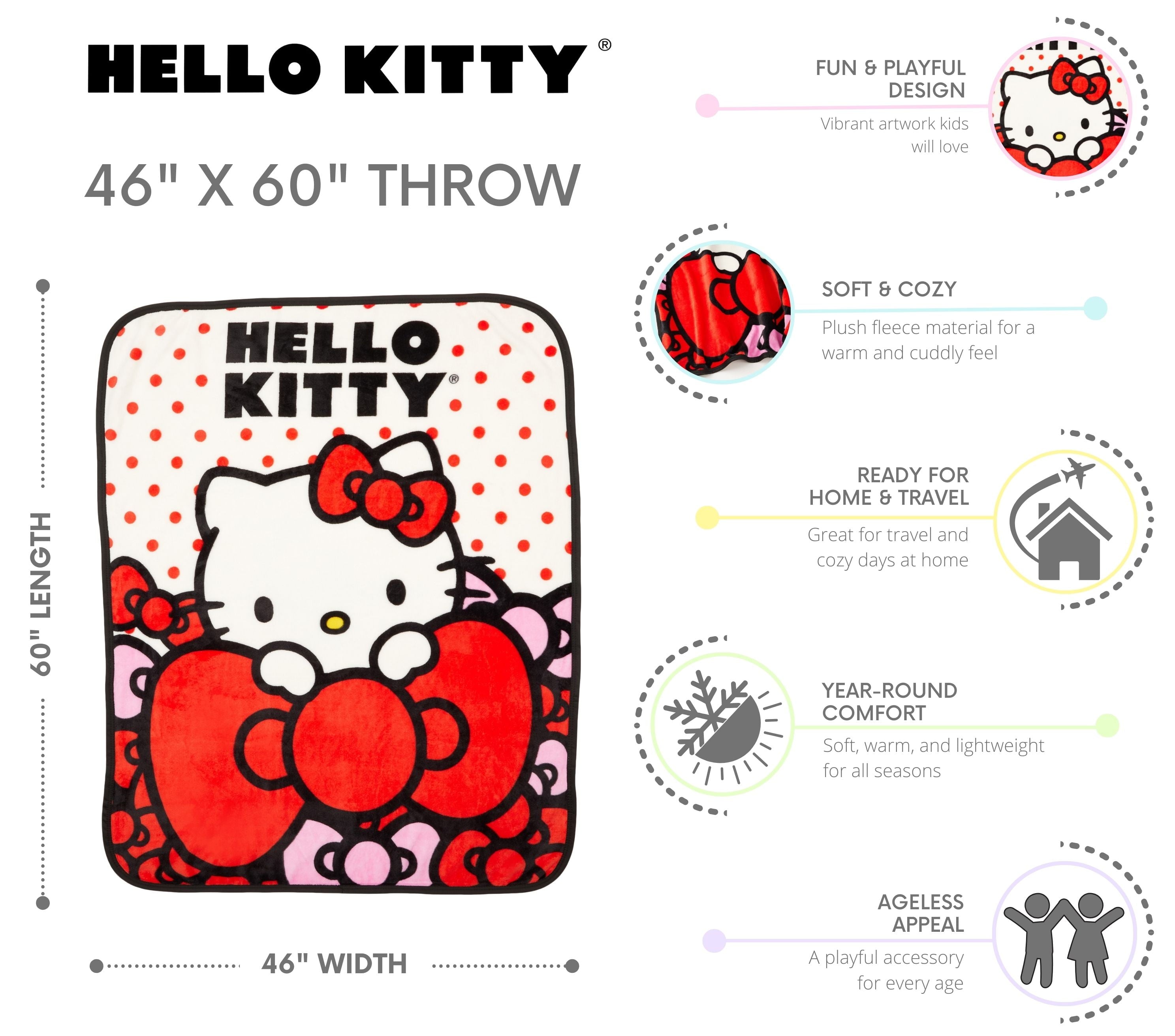 Hello Kitty Kids Red White Print Fleece Throw Blanket, 46 x 60 - Image 4