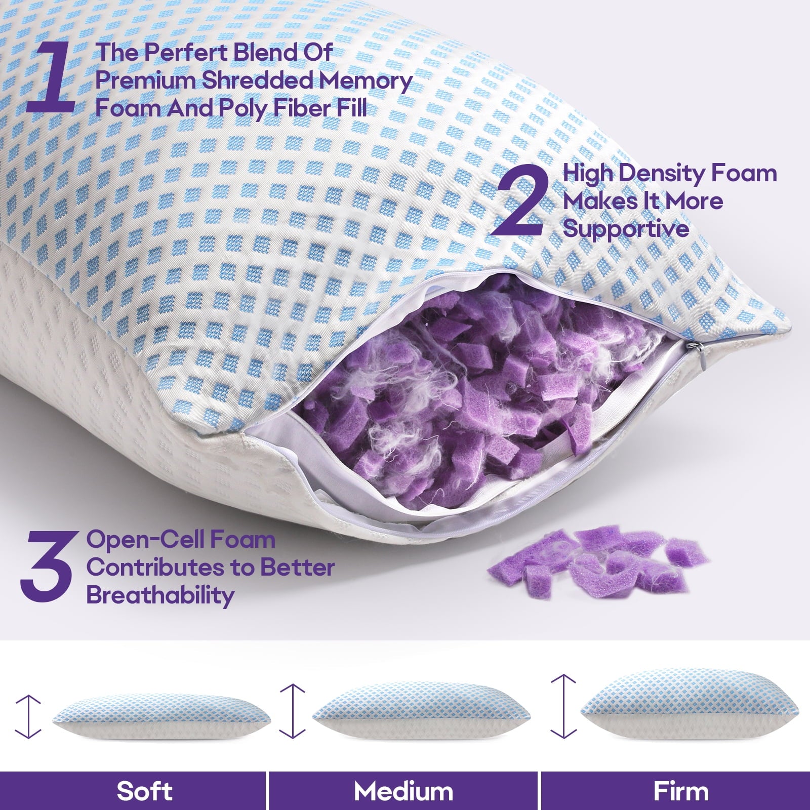 Cooling Pillows for Bed Sleeping Shredded Memory Foam Pillows Queen Size Set of 2 Pack 20 x 30 inches - Image 6