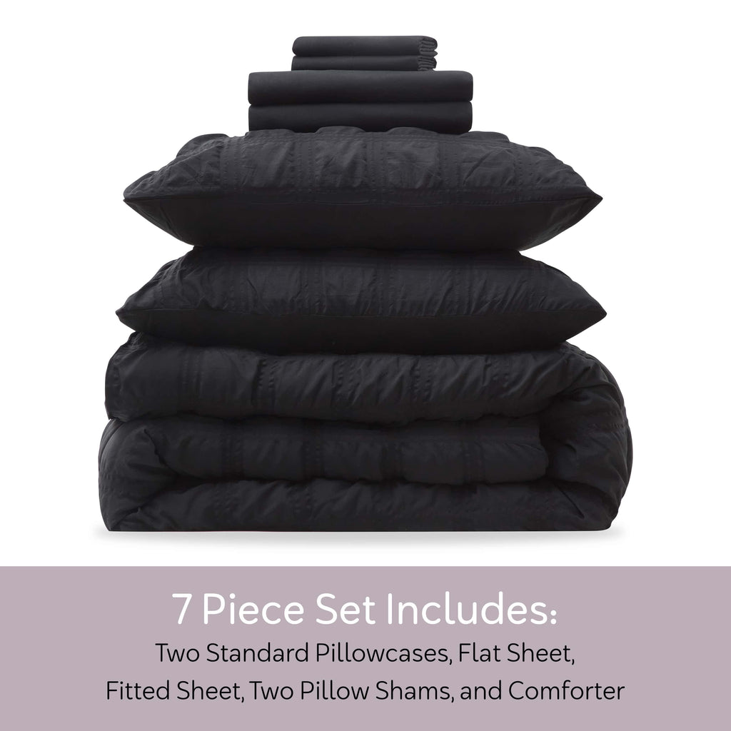 Queen Comforter Set, Seersucker Queen Size Comforter Set, 7-Pc All Season Bedding Comforter Set, Black - Image 4