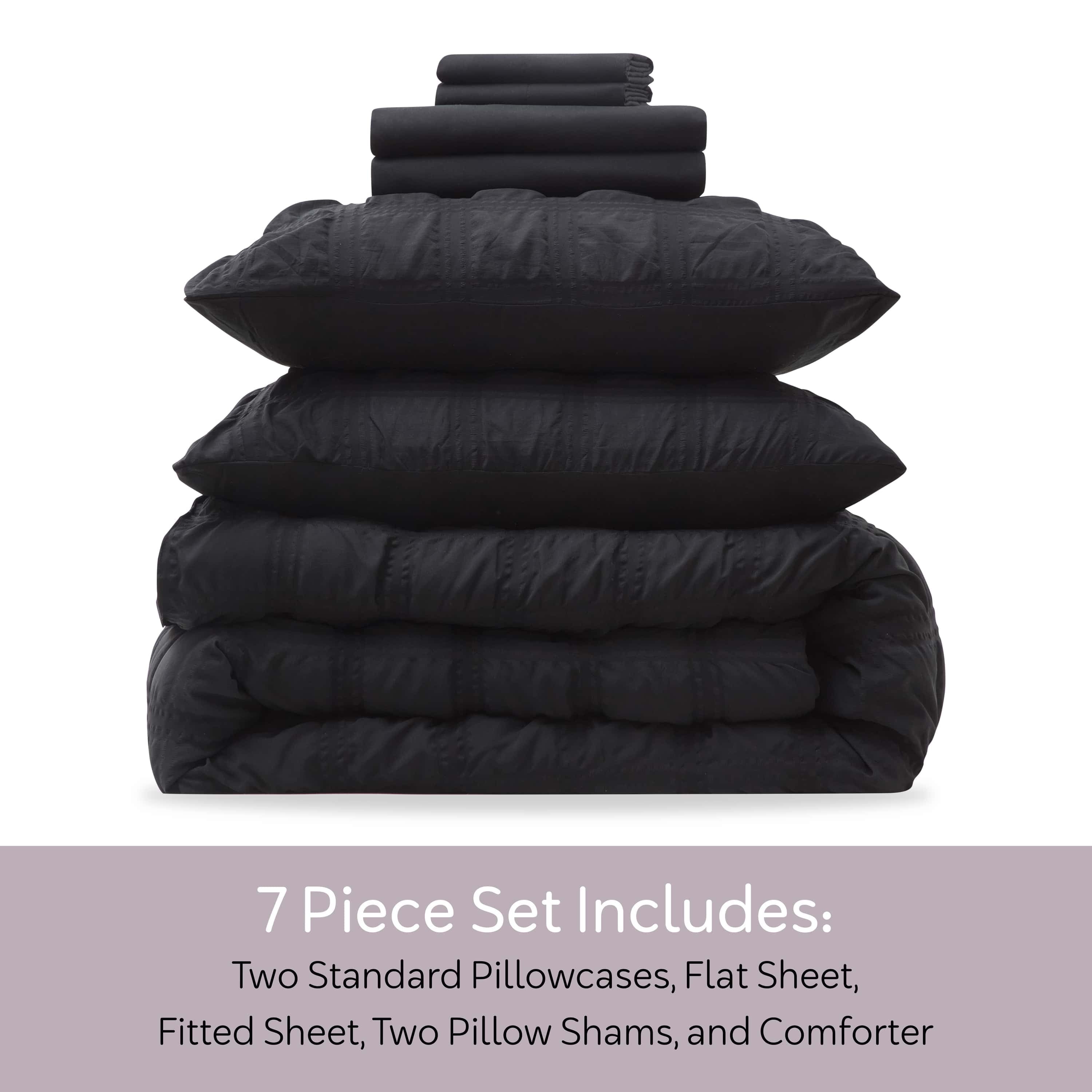 Queen Comforter Set, Seersucker Queen Size Comforter Set, 7-Pc All Season Bedding Comforter Set, Black - Image 4