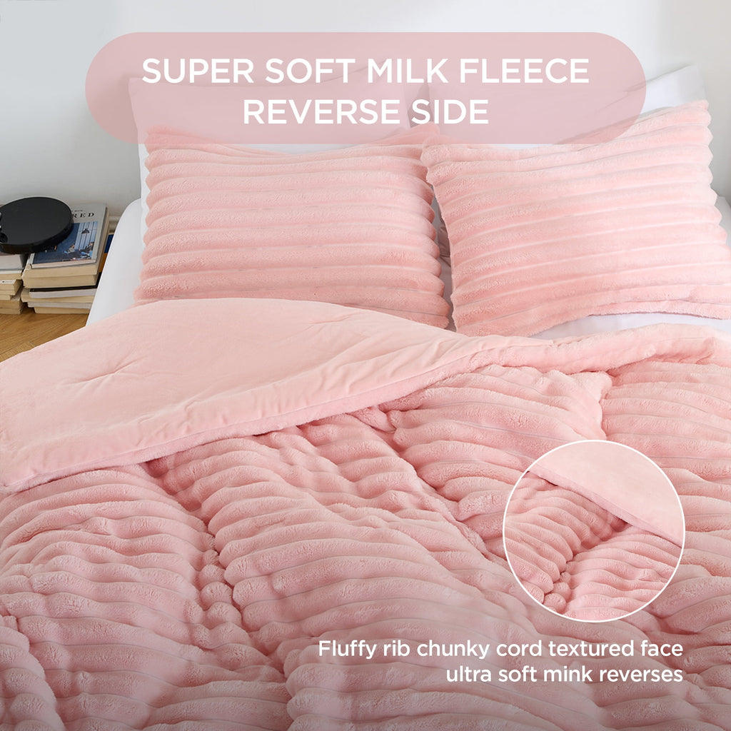 Full/Queen Size Comforter Set, Fluffy Ribbed Plush Comforter Set, 3-Piece Bedding Set, Pink - Image 4