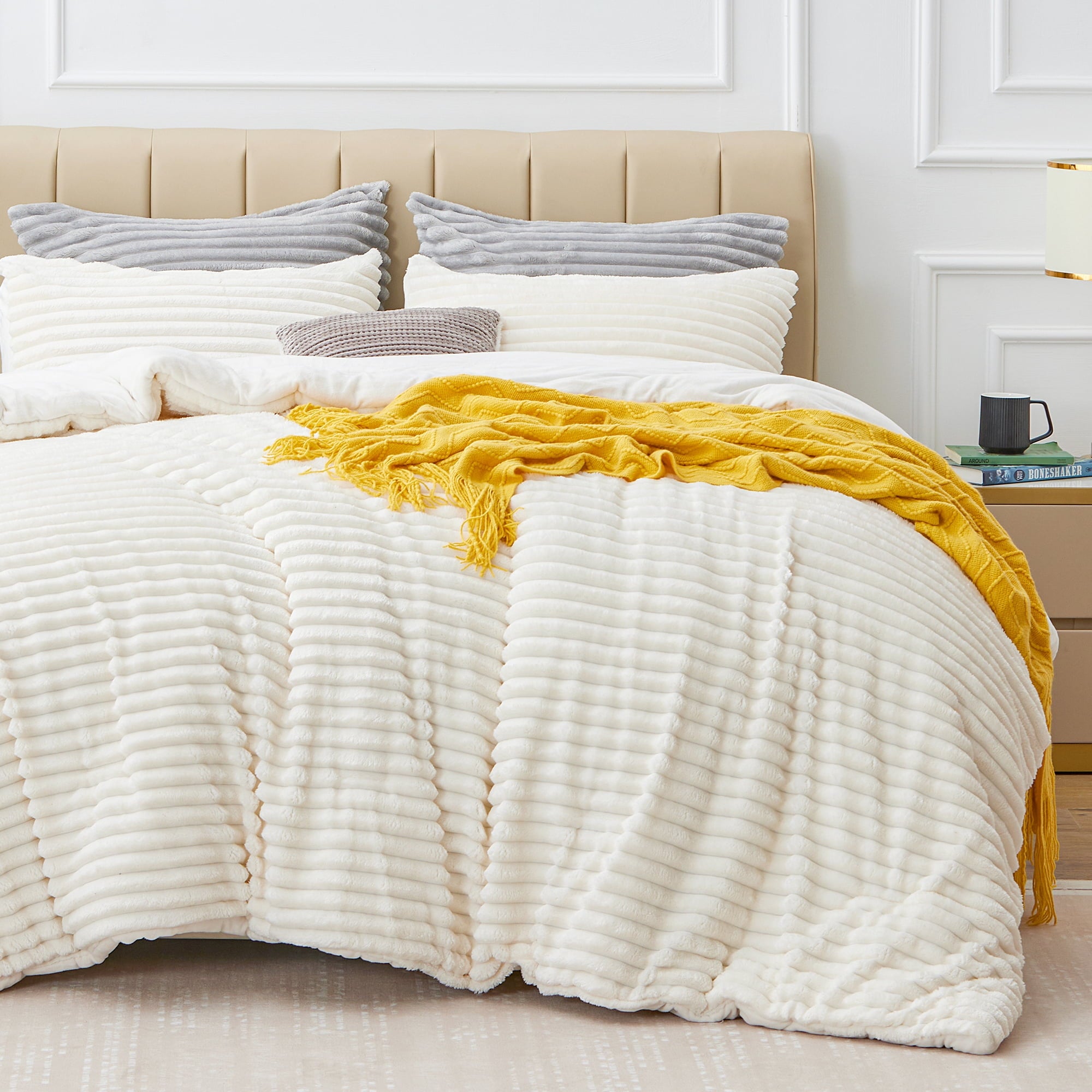 Fleece Queen Comforter Set -Super Soft & Warm Fluffy White Bedding, Luxury Fuzzy Heavy Bed Set for Winter with 2 Pill... - Image 4