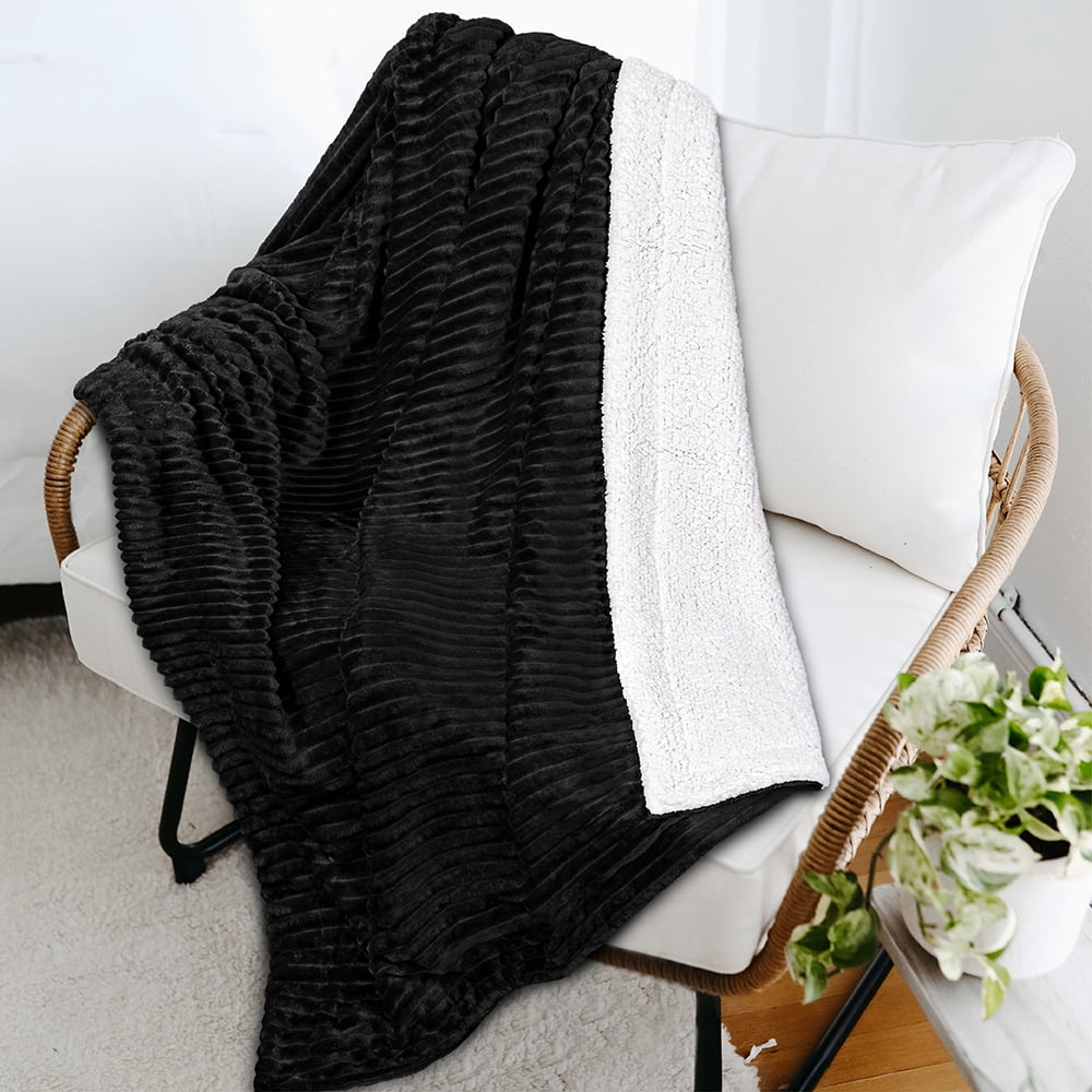 Reversible Sherpa Fleece Throw Blanket Black, Plush Flannel Throw, Ultra Soft Warm Ribbed Microfiber Blanket for Sofa... - Image 6