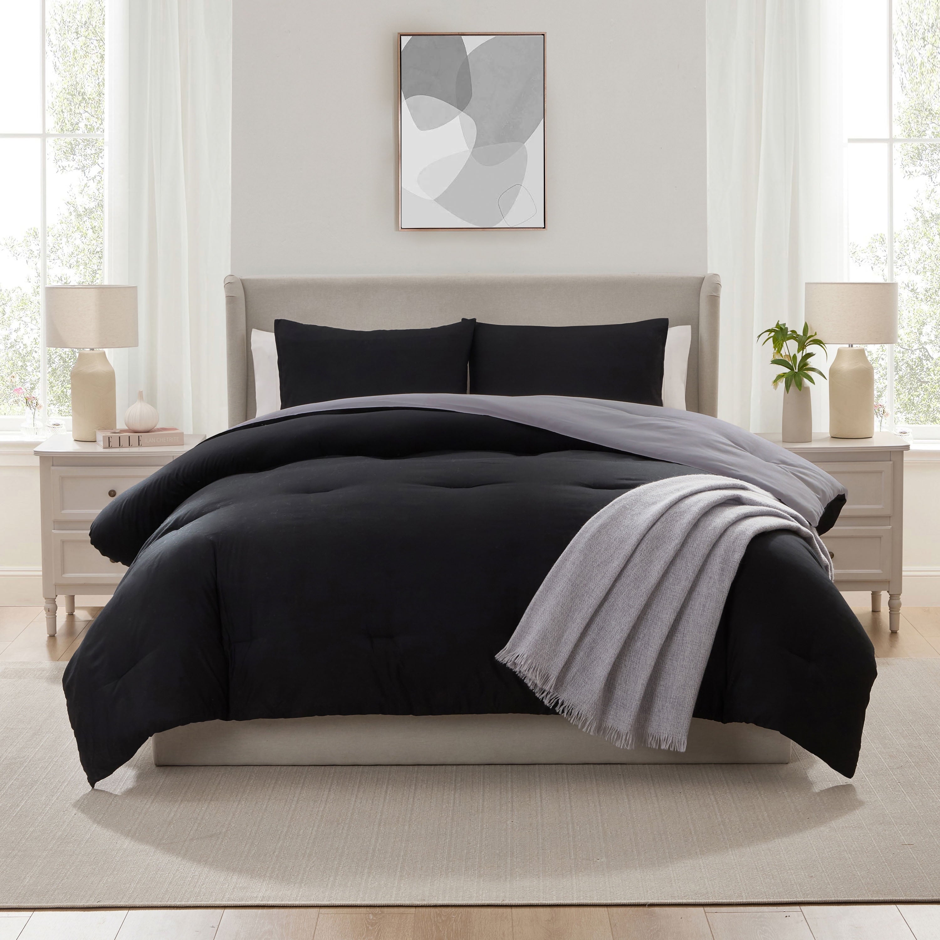 Comforter Sets, All Season Lightweight Reversible Queen Comforter Set, 3-Pc Bedding Sets, Black/Charcoal gray - Image 3