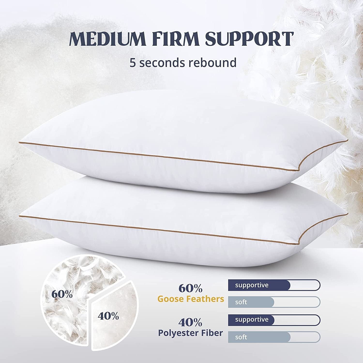 Down Feather Pillows for Bed 20 x 30 Inches Queen Size Set of 2, Medium Firm Luxury Cooling Hotel Collection Feather ... - Image 6