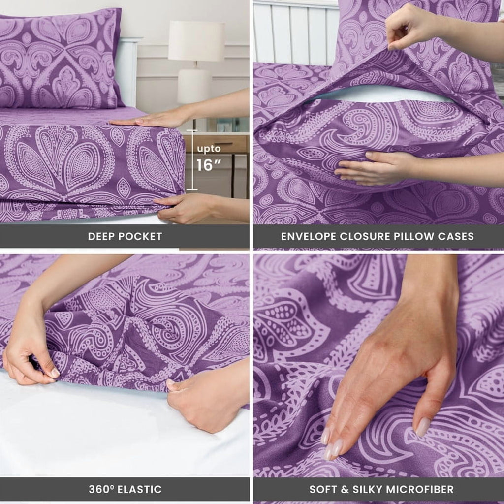 Lux Decor Collection Paisley Printed Queen Bed Sheets Set, Microfiber 6 Piece Bedding Set - Purple - Image 3