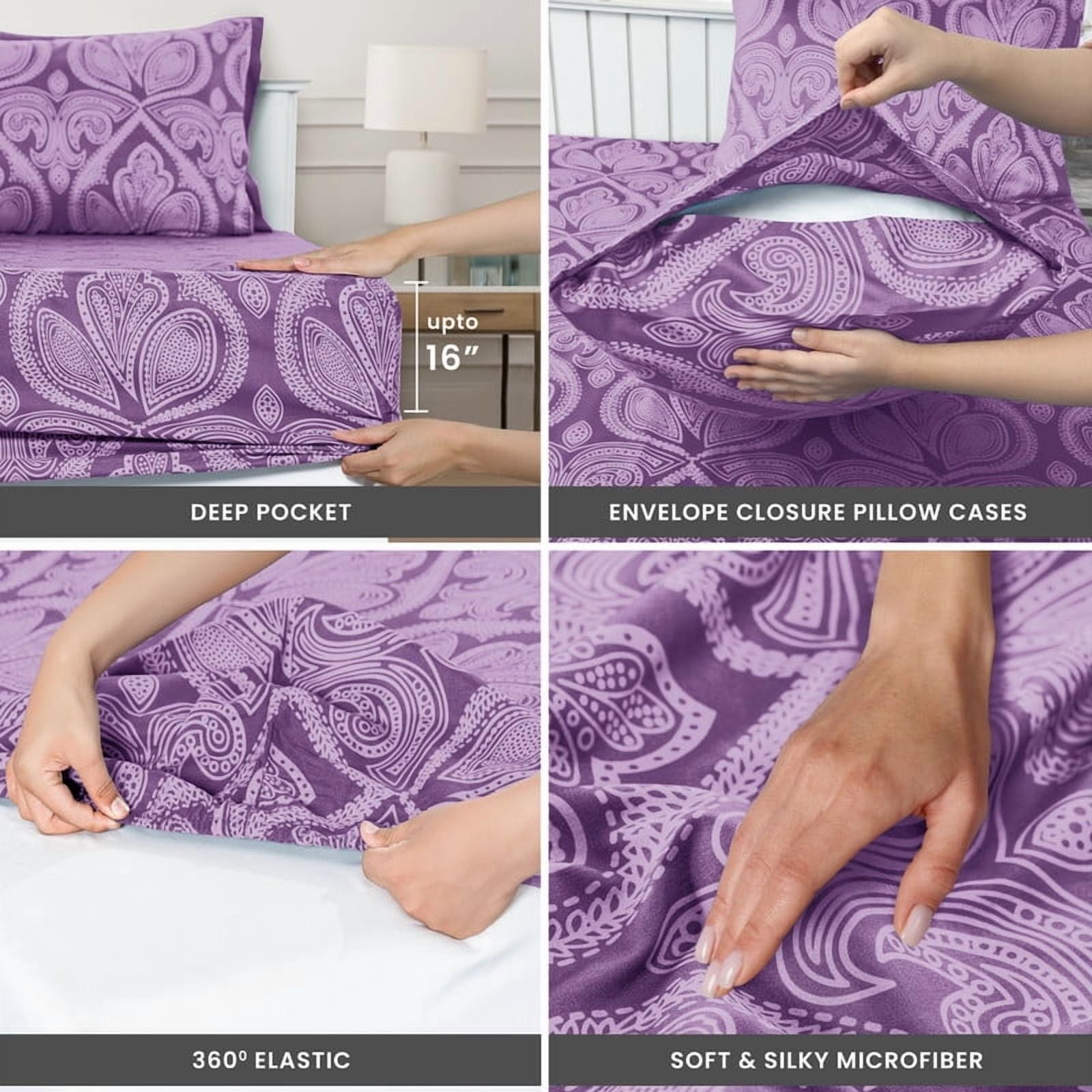 Lux Decor Collection Paisley Printed Queen Bed Sheets Set, Microfiber 6 Piece Bedding Set - Purple - Image 3