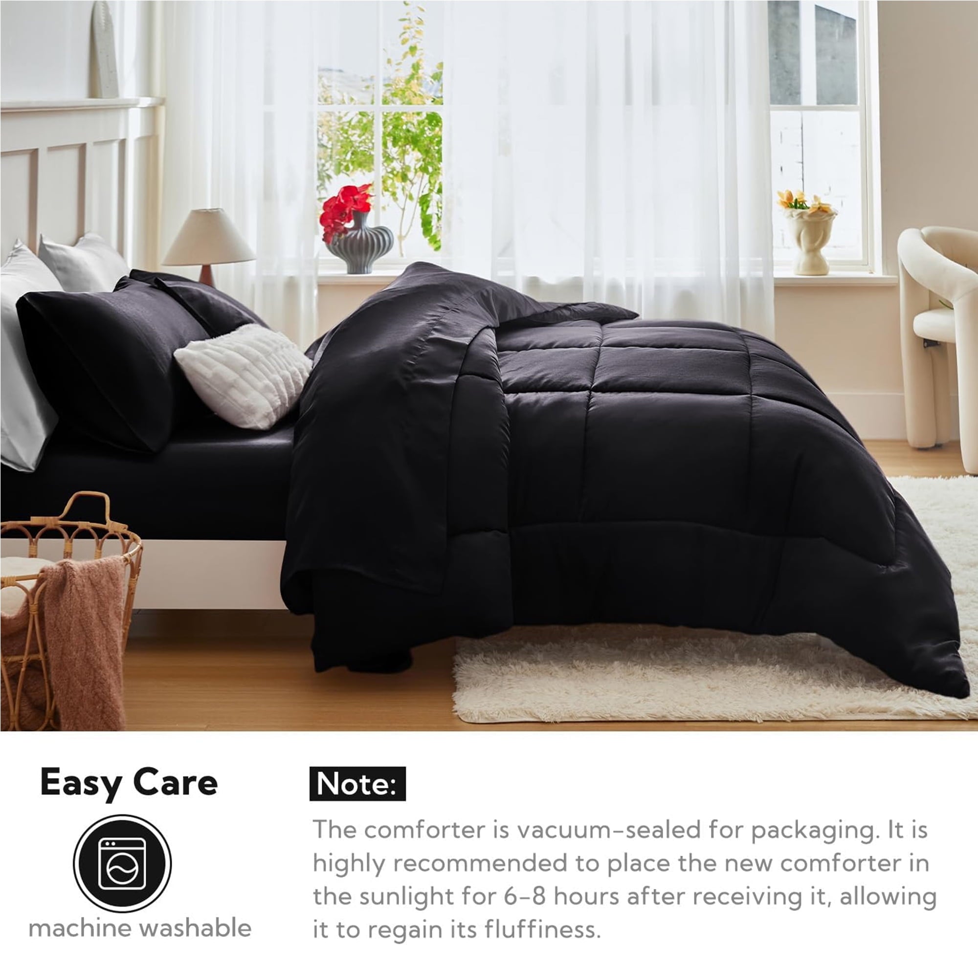 Reversible Satin Microfiber Comforter 3 Pieces Queen Size, Black Queen Comforter Set for All Seasons, Silky Soft Sati... - Image 4