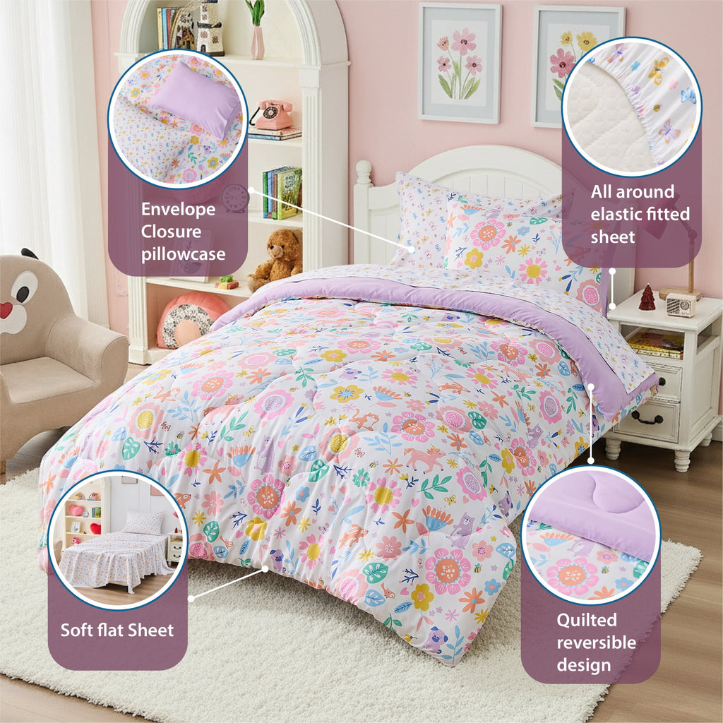 Floral Comforter Set, Soft Microfiber Flower Bedding Set, 5 Pieces with Comforter, Sheets and Pillowcases, Twin - Image 4