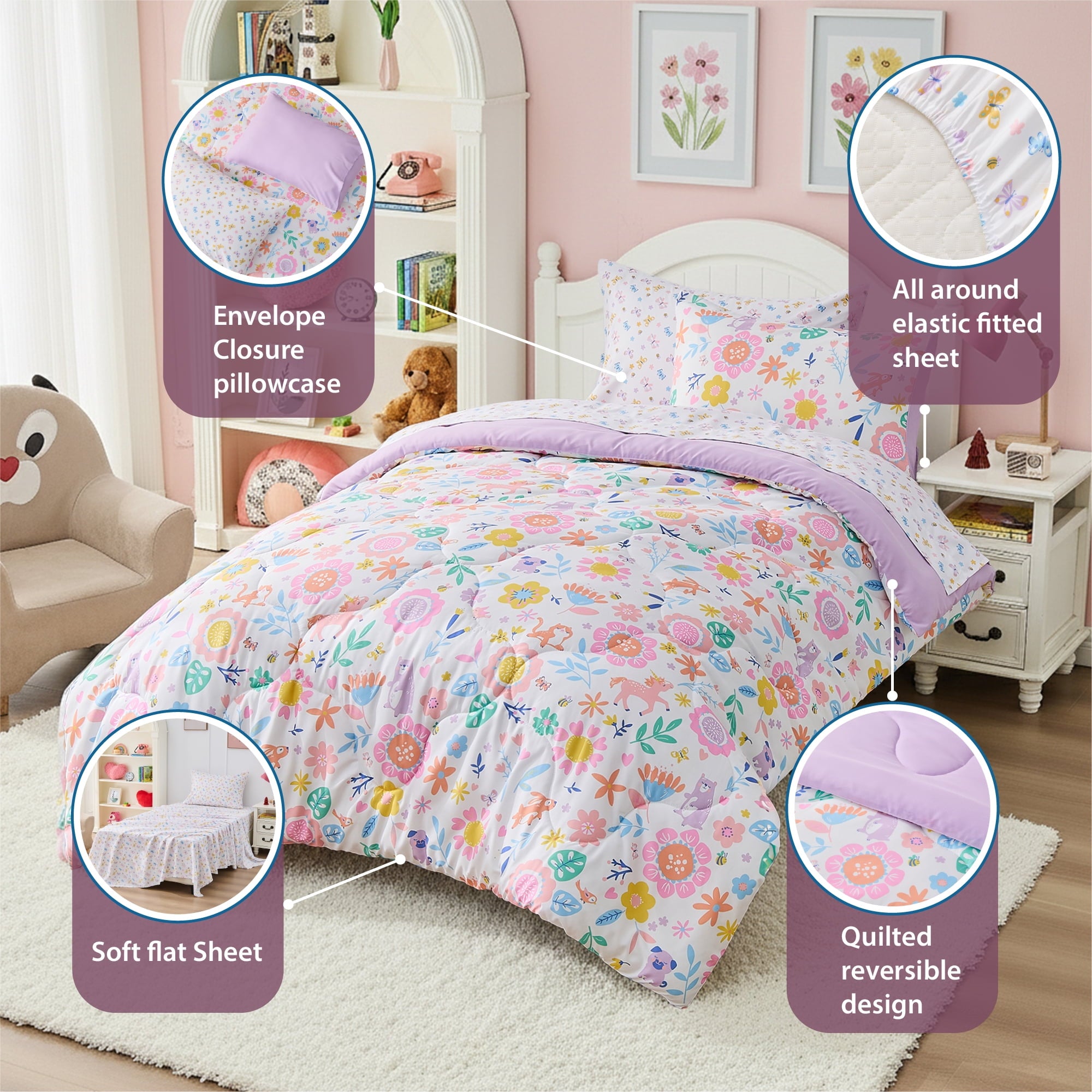 Floral Comforter Set, Soft Microfiber Flower Bedding Set, 5 Pieces with Comforter, Sheets and Pillowcases, Twin - Image 4