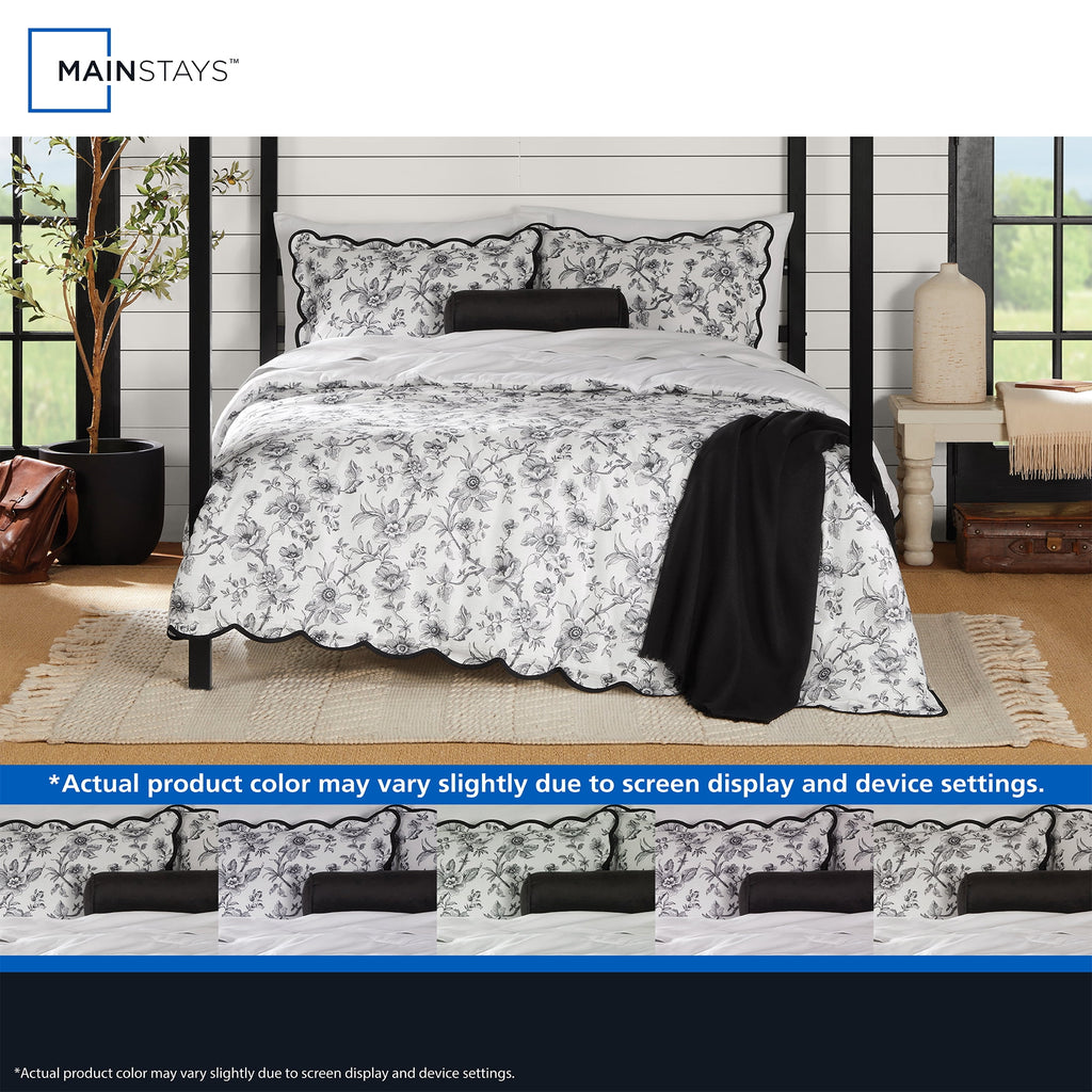 Mainstays Floral Scallop 4-Piece White/Black Comforter Set, Twin/Twin XL - Image 5