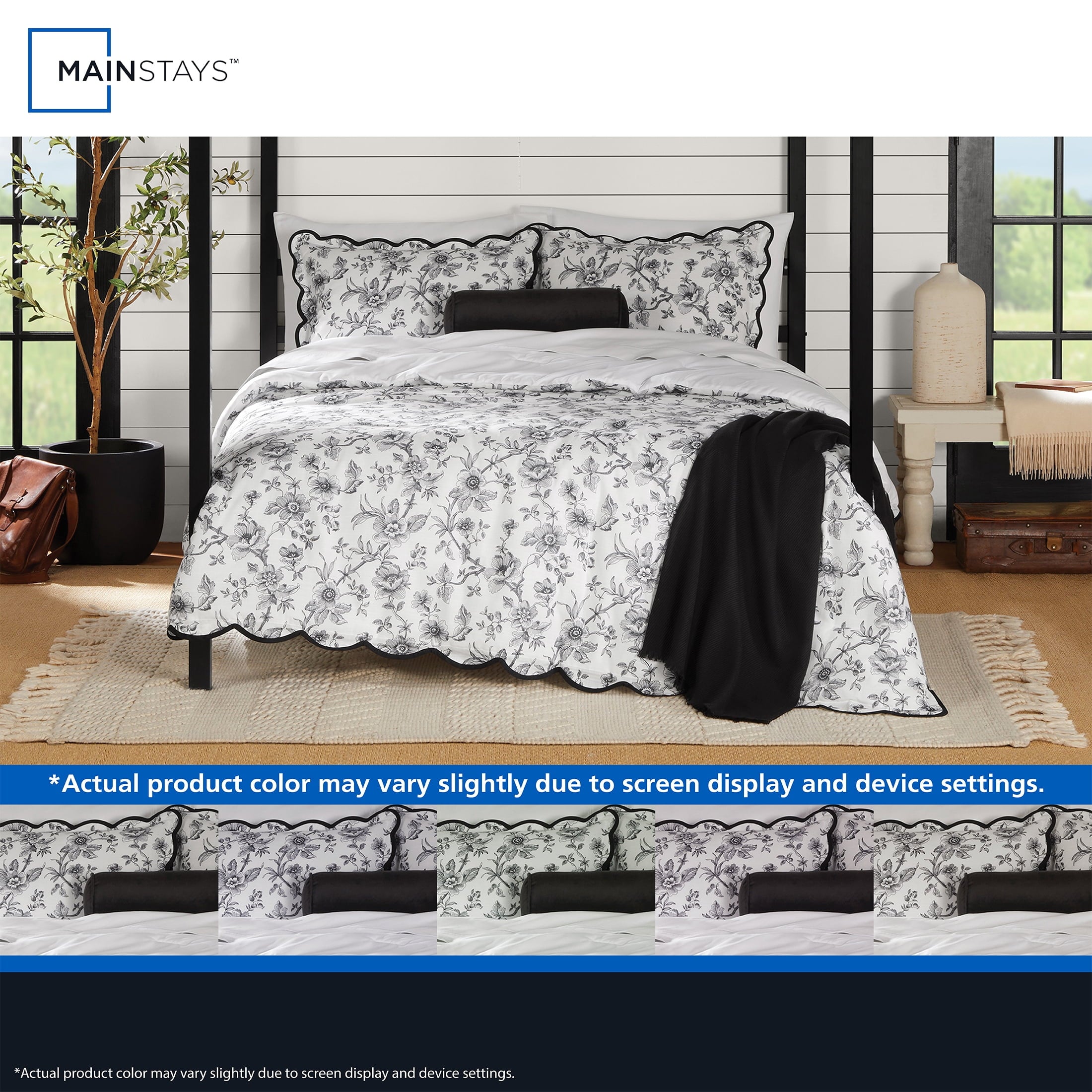 Mainstays Floral Scallop 4-Piece White/Black Comforter Set, Twin/Twin XL - Image 5