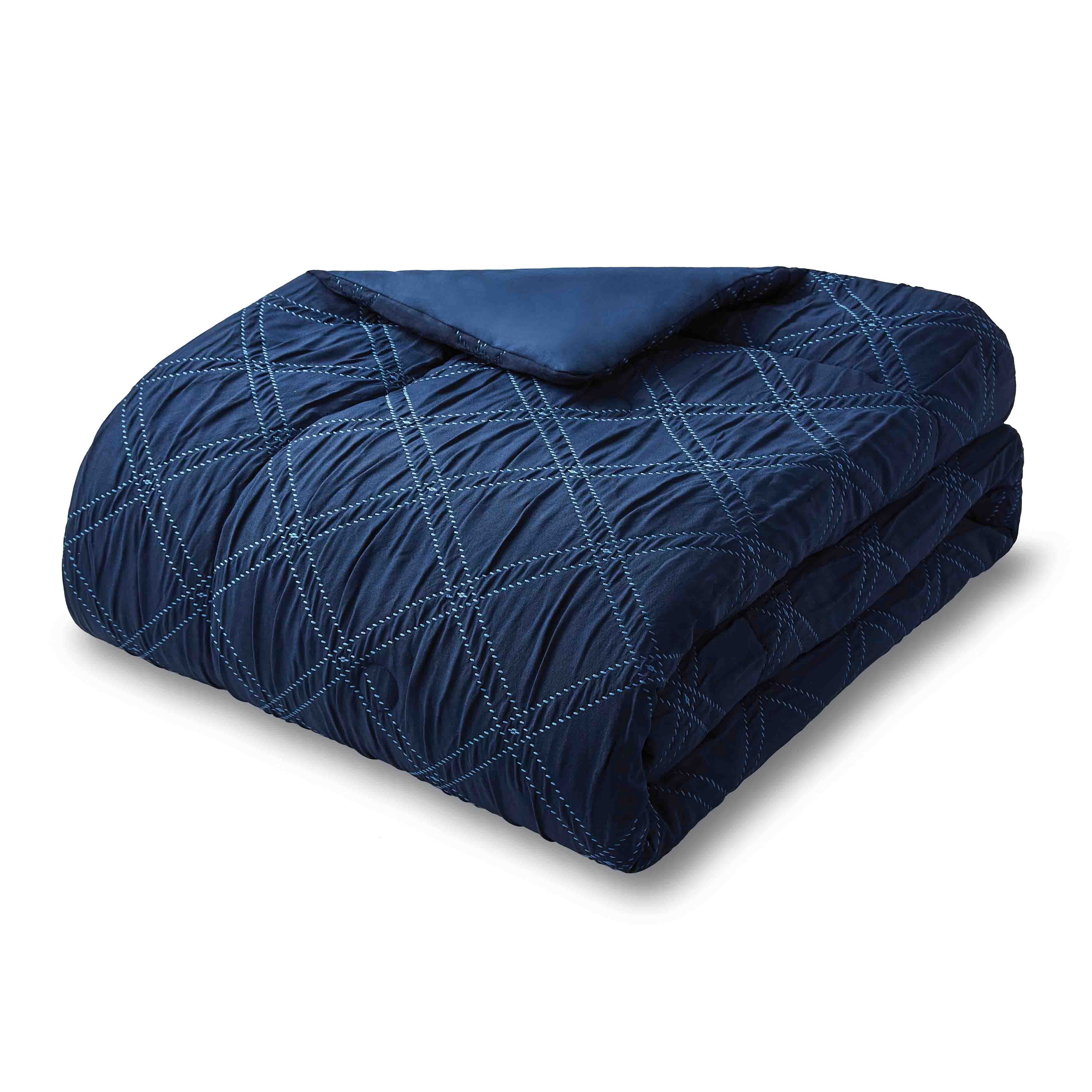 Mainstays 5-Piece Reversible Comforter Set Navy Cross Stitch Bedding with Decor Pillow and Throw, Full/Queen - Image 6