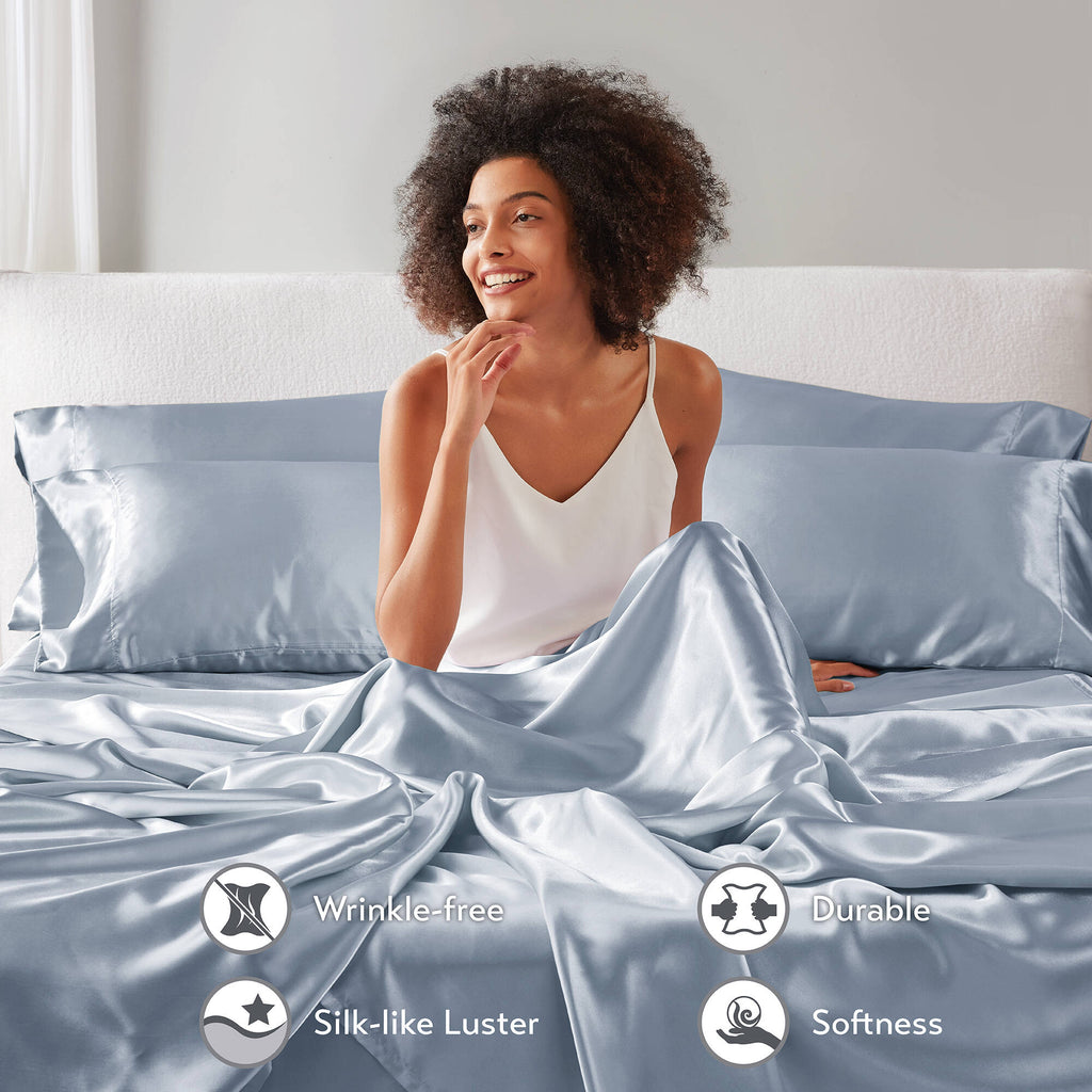 Satin Sheet Set, Twin Bed Sheets with Pillowcases, 4-Piece Luxury Silky Sheet Set, Blue, Gifts for Women - Image 3