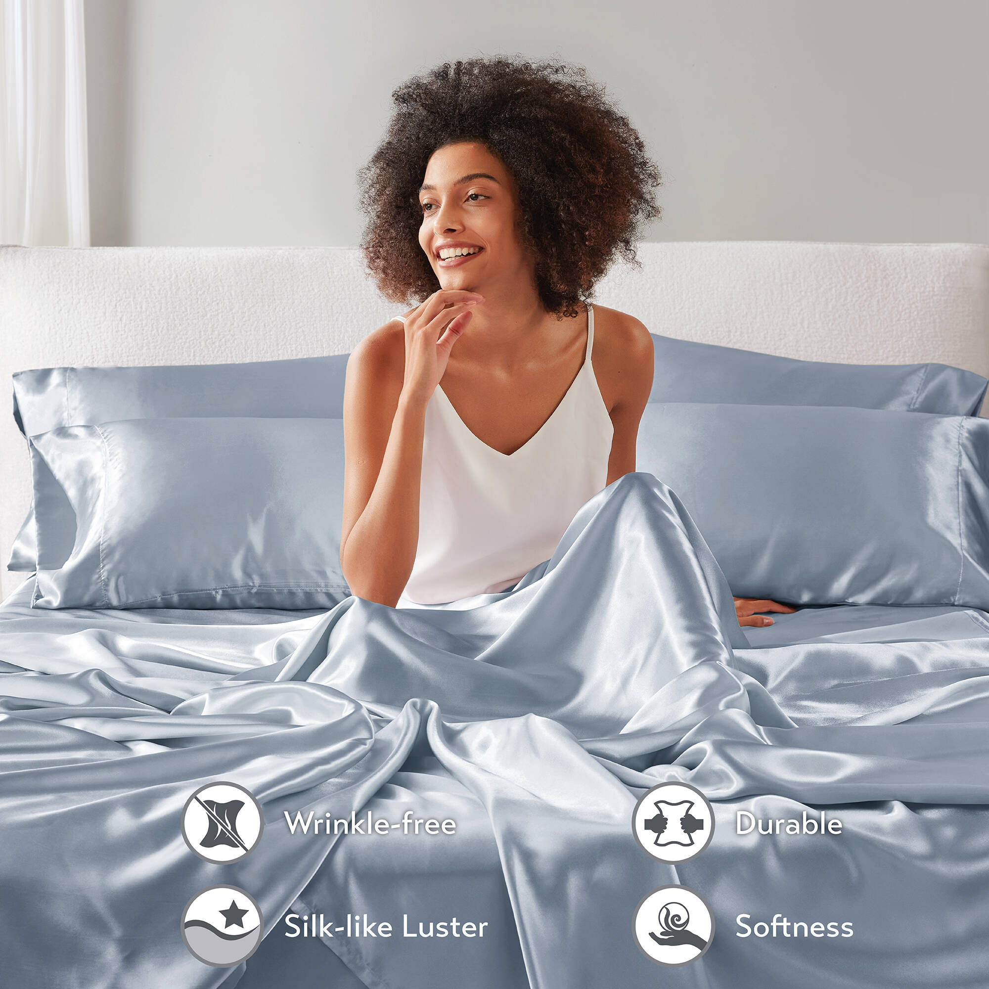 Satin Sheet Set, Twin Bed Sheets with Pillowcases, 4-Piece Luxury Silky Sheet Set, Blue, Gifts for Women - Image 3