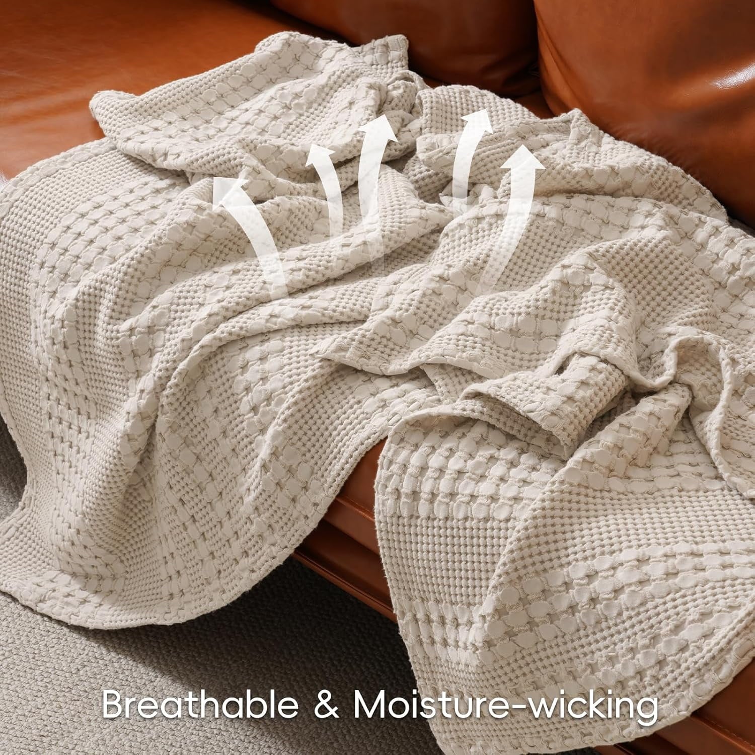 100% Cotton Waffle Weave Blanket, Lightweight Throw Washed Blanket for Bed Sofa Home Decor, Oatmeal, 50"x60" - Image 5