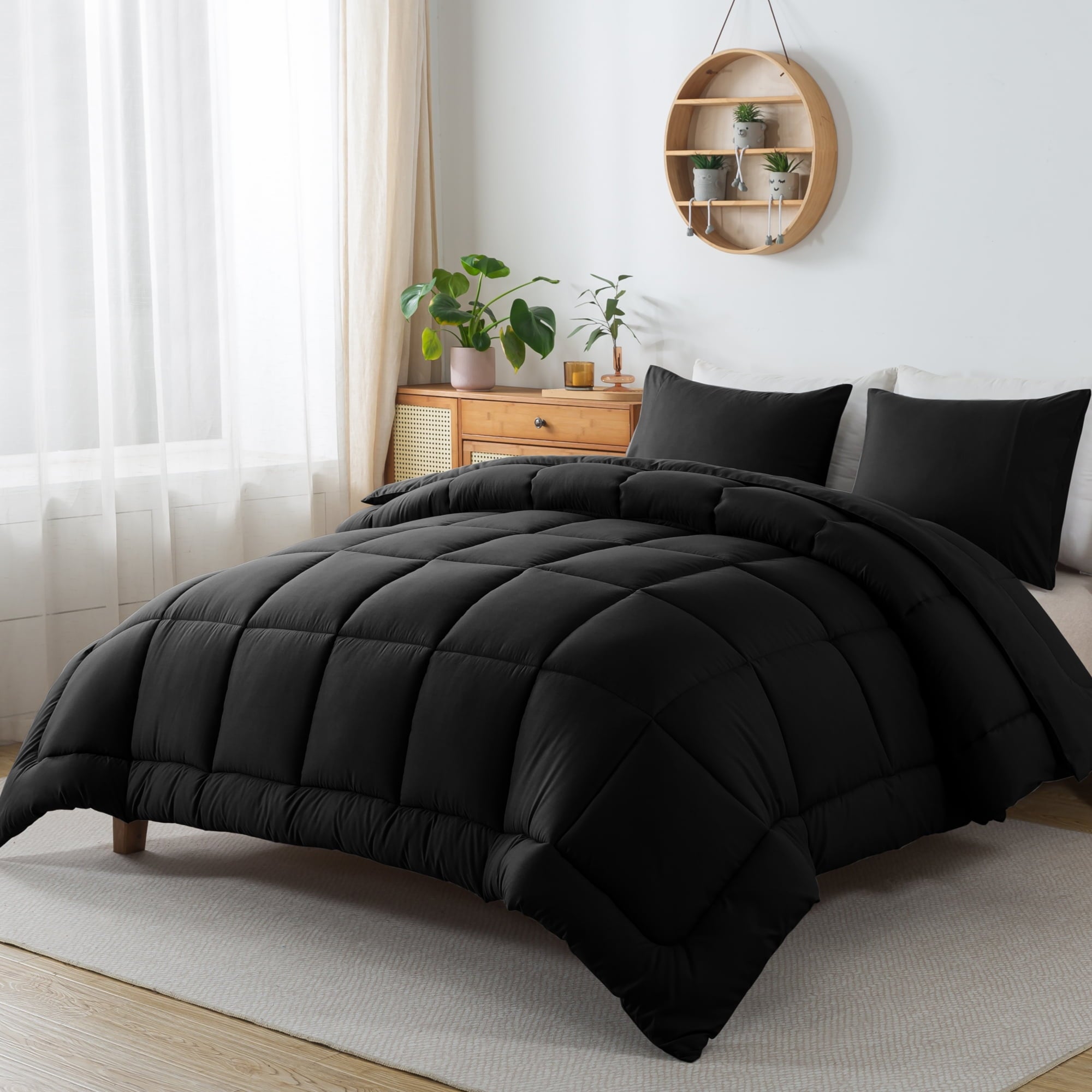 Queen Size 3-Piece All-Season Down Alternative Comforter Set Deep Black (Comforter and Pillowcase Bedding Set / bed i... - Image 6