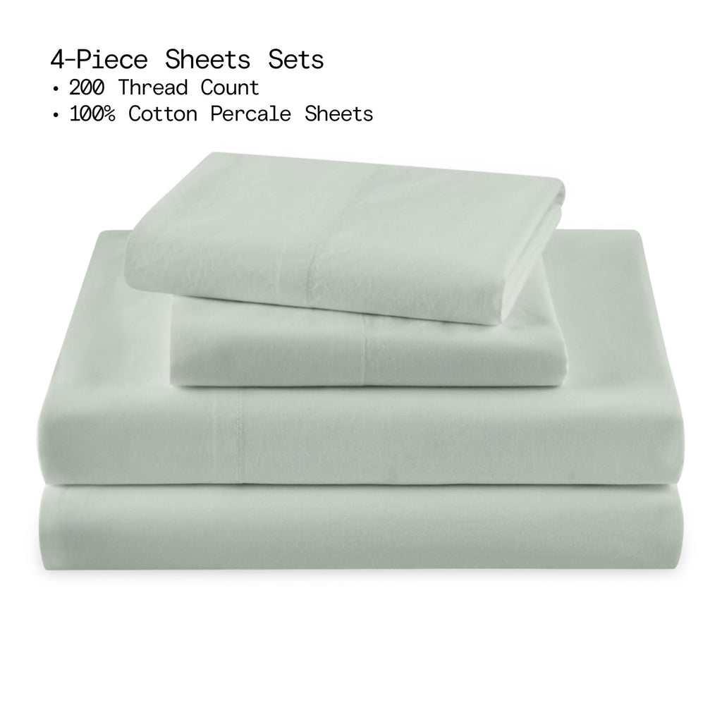 Solid 4-Piece 100% Cotton Washed Percale Sage Green Sheet Set, Full - Image 5