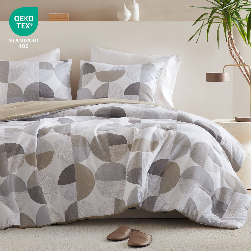 Full/Queen Size Comforter Set, Tan/Gray Bedding Set for All Seasons, 3-Piece Round Geometric Print Bedding Comforter Set - Image 2
