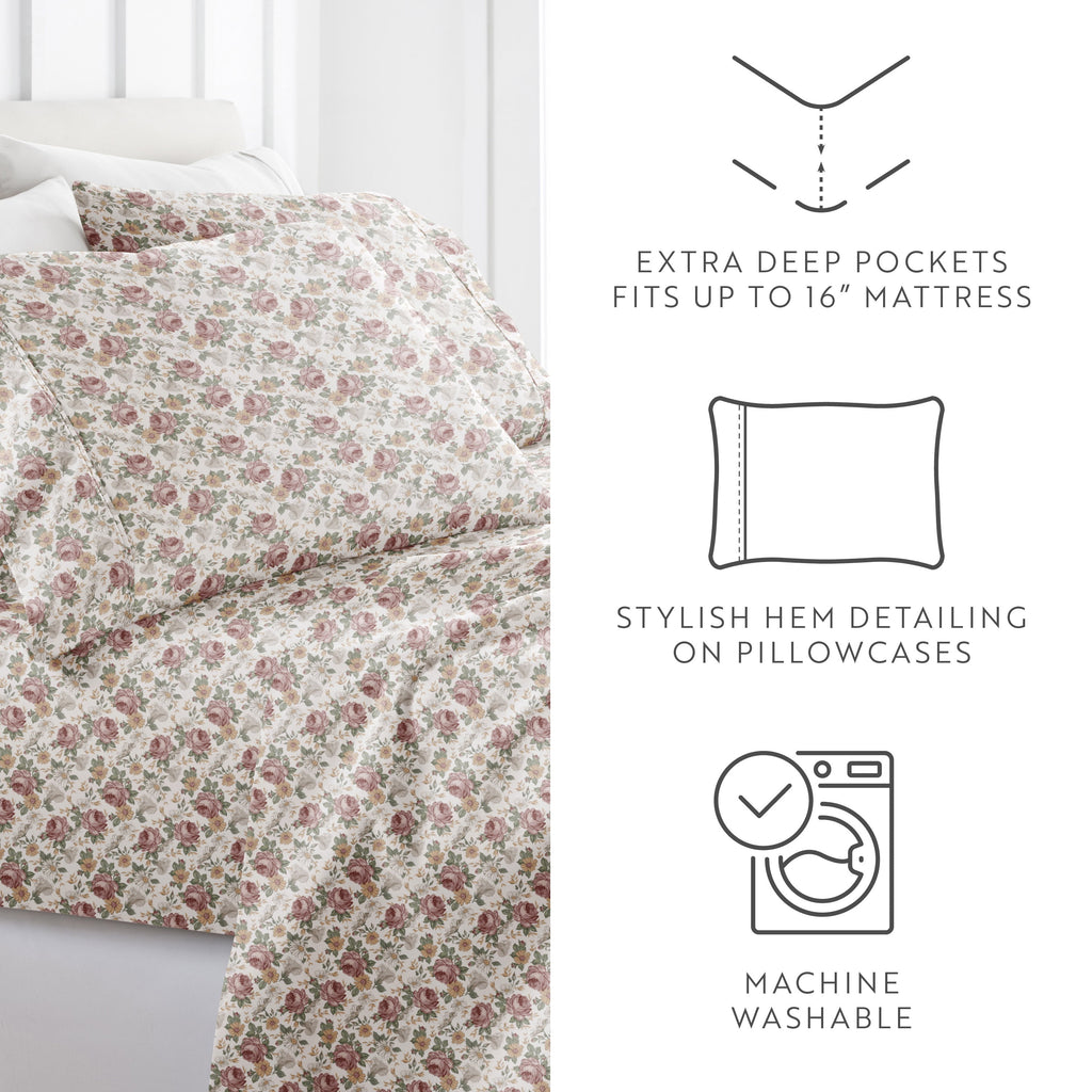 4 Piece Pattern Microfiber Bed Sheets Set, Blooming Floral Rose, Queen - Image 3