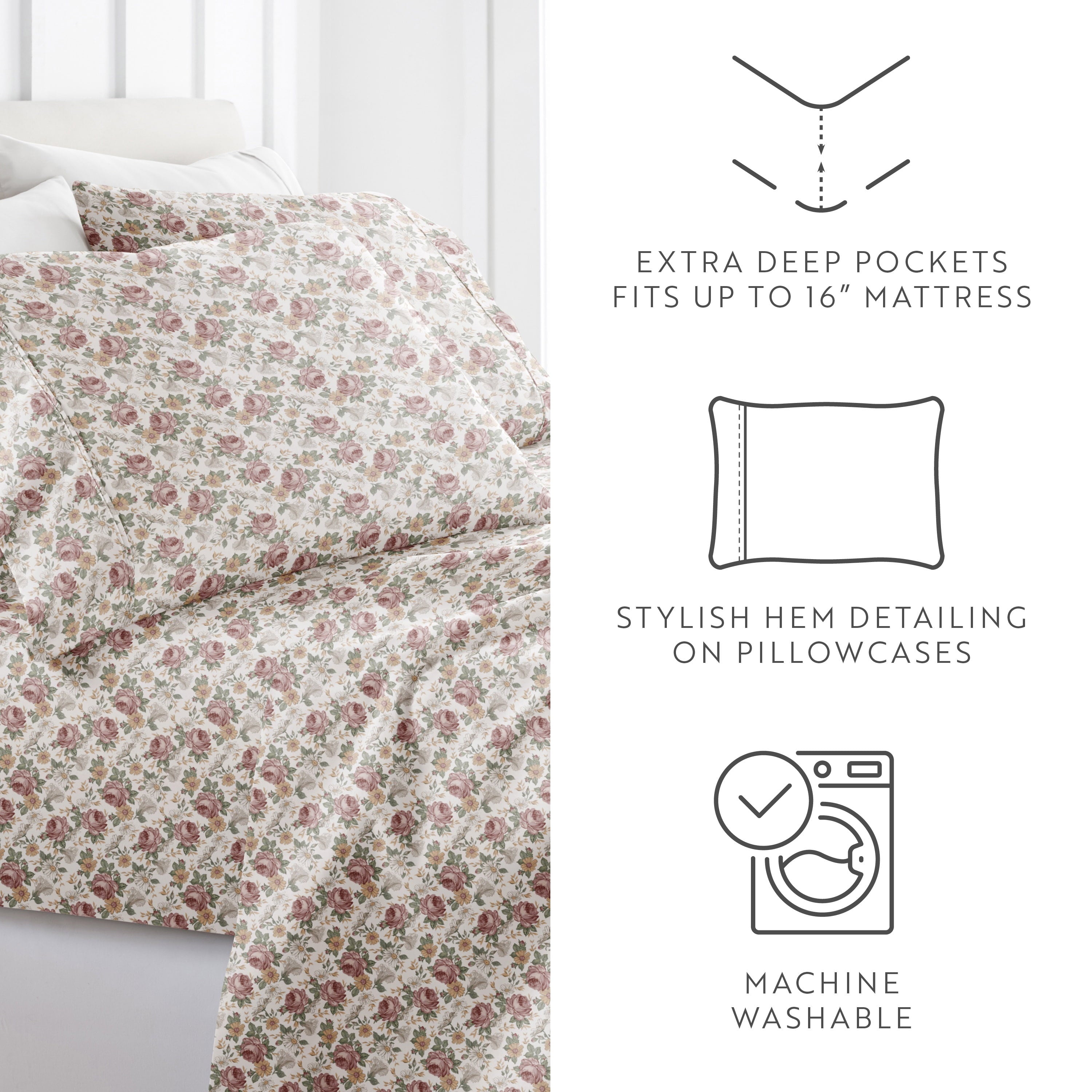 4 Piece Pattern Microfiber Bed Sheets Set, Blooming Floral Rose, Queen - Image 3