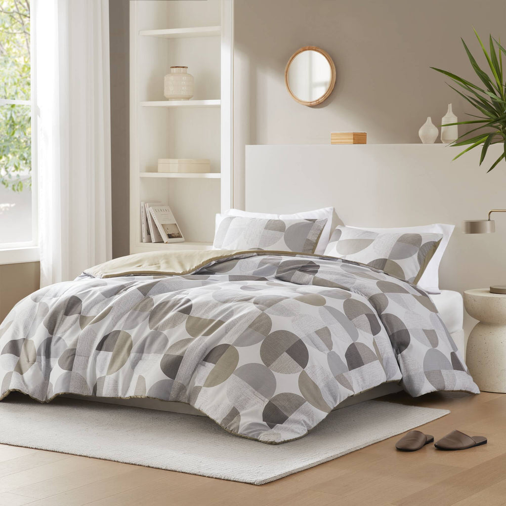 Full/Queen Size Comforter Set, Tan/Gray Bedding Set for All Seasons, 3-Piece Round Geometric Print Bedding Comforter Set - Image 6