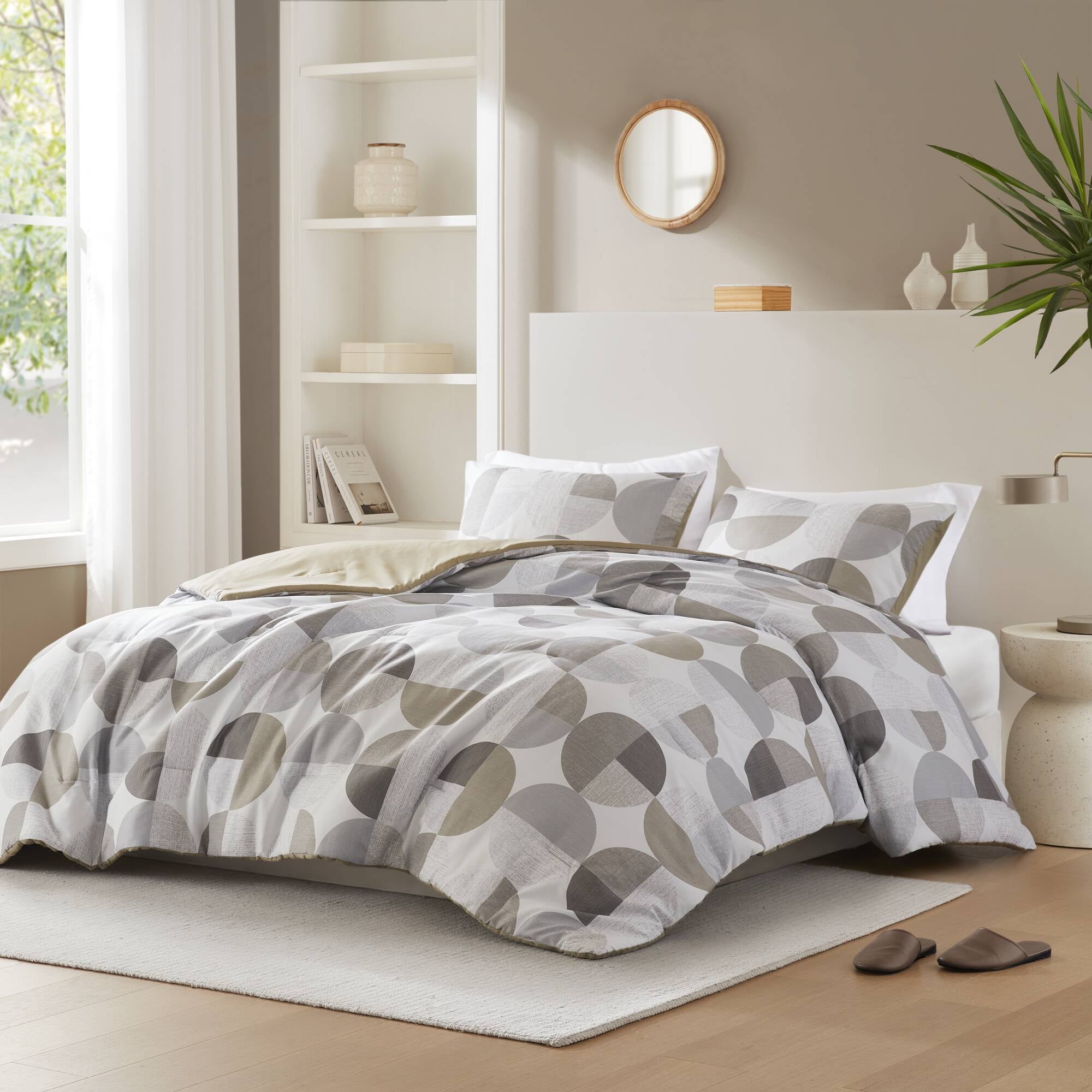 Full/Queen Size Comforter Set, Tan/Gray Bedding Set for All Seasons, 3-Piece Round Geometric Print Bedding Comforter Set - Image 6
