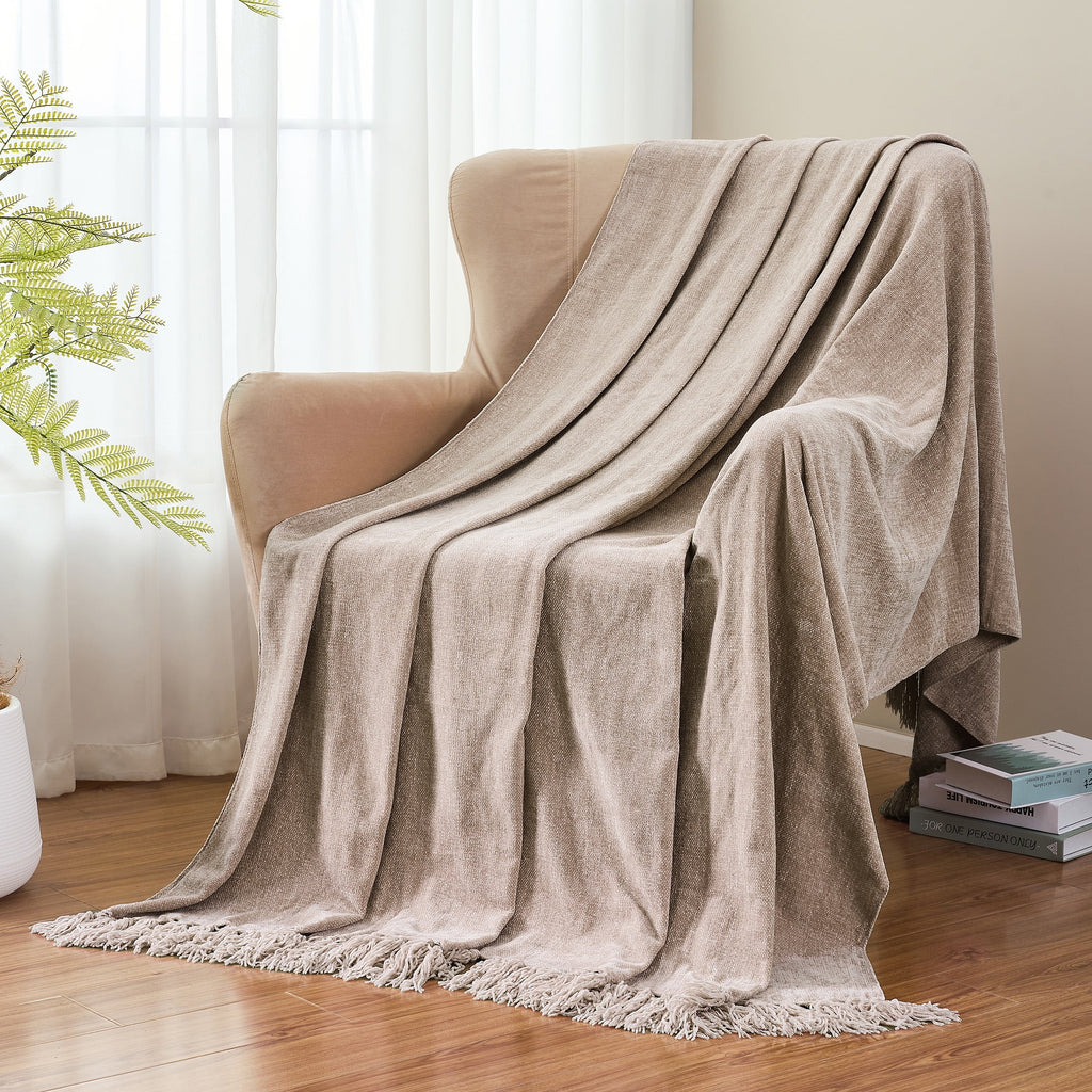 Chenille Throw Blanket with Fringe Tassel for Couch Sofa Chair Bed, Taupe 50" X 60" - Image 5