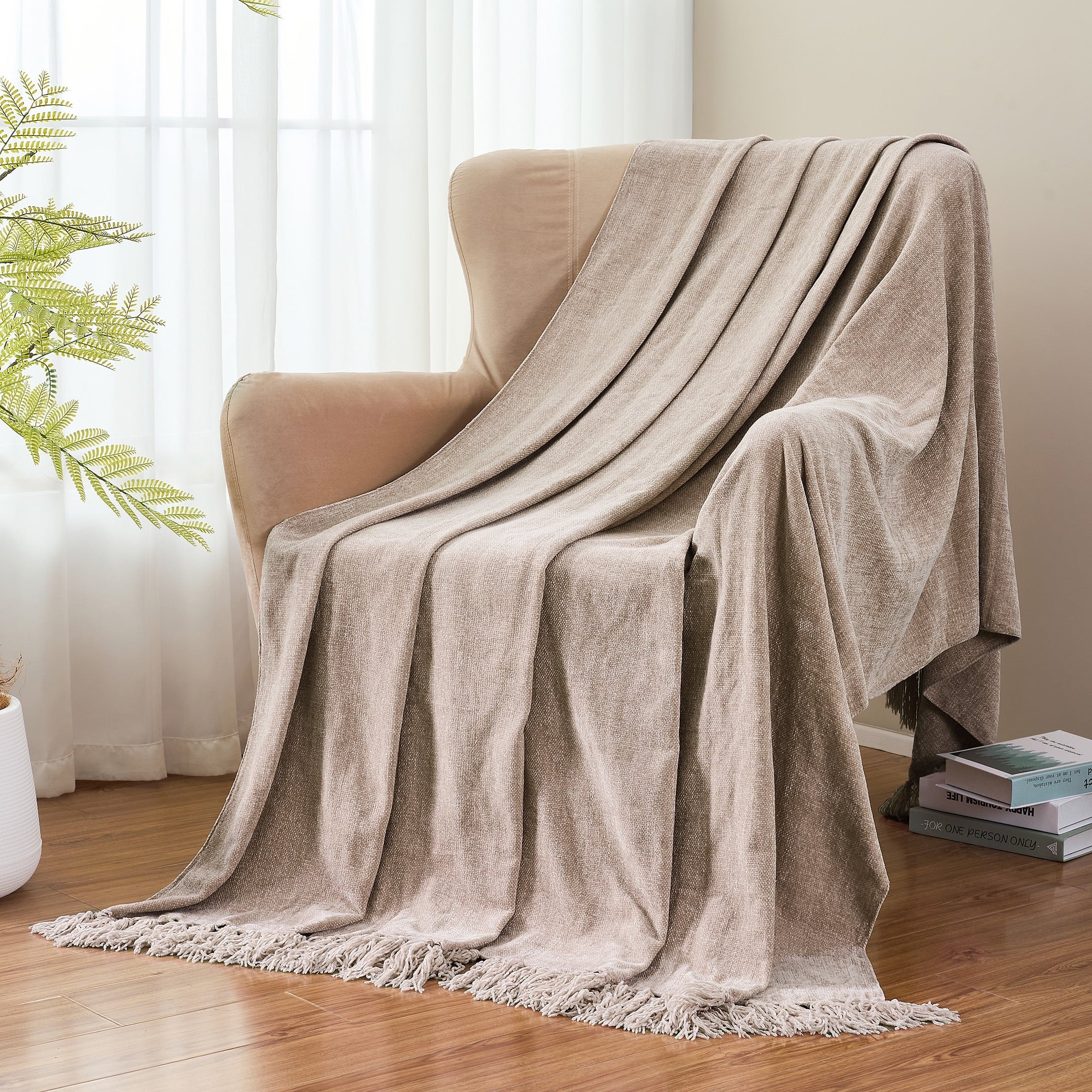 Chenille Throw Blanket with Fringe Tassel for Couch Sofa Chair Bed, Taupe 50" X 60" - Image 5