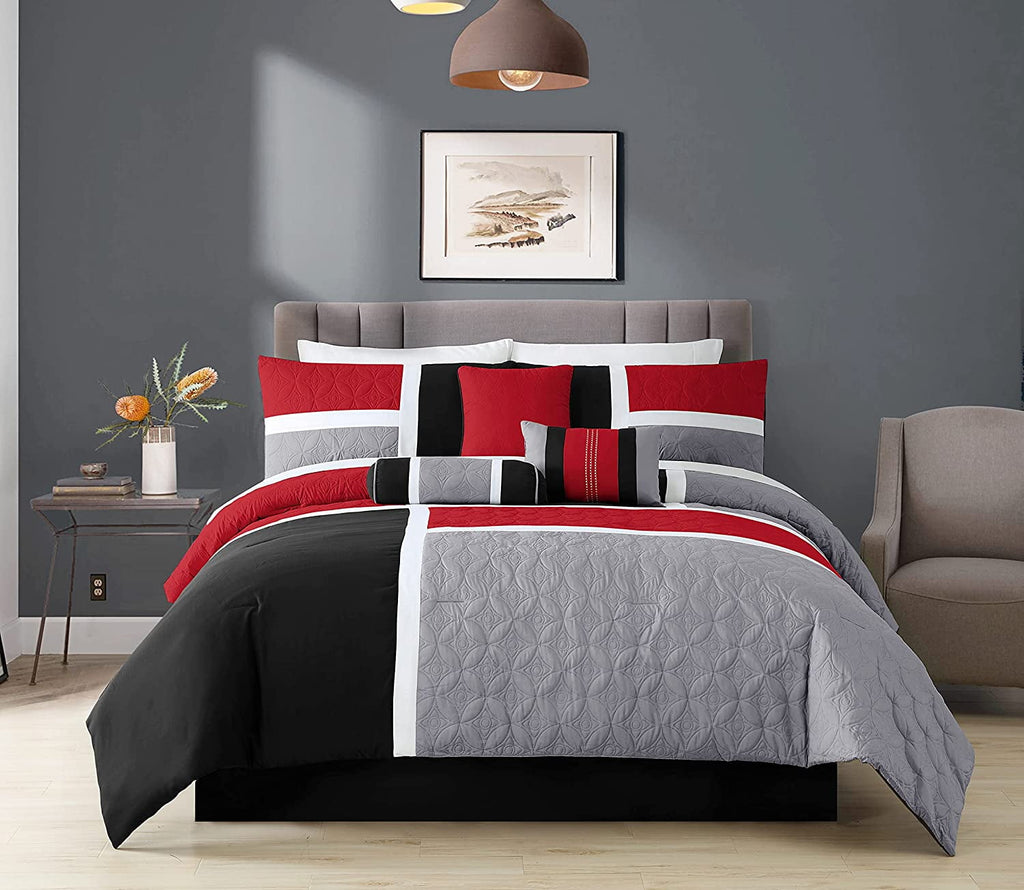 7-Piece Medallion Patchwork Comforter Set, Full, Red/Gray/Black - Image 2