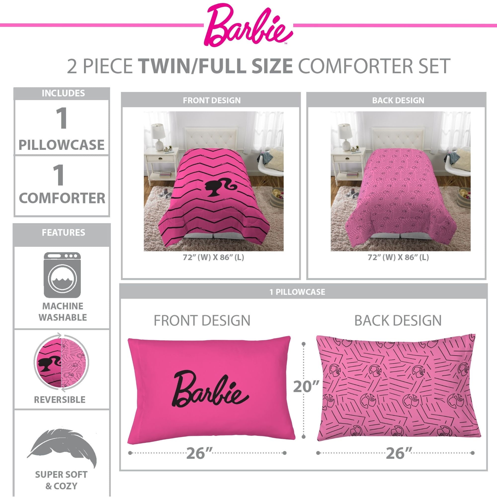 Kids 2 Piece Pink Black Chevron Reversible Comforter and Pillowcase set, Twin/full - Image 6