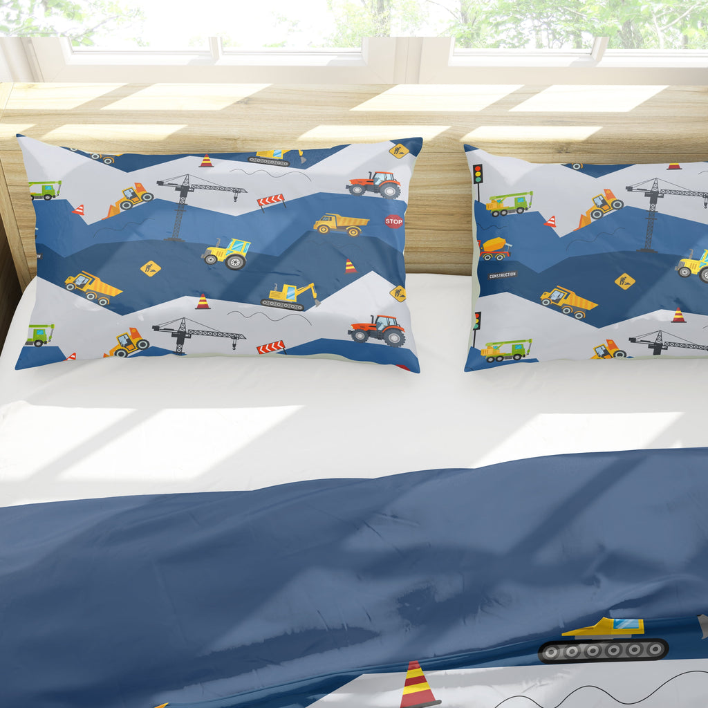 Car Comforter Set Construction Bedding Set for Boys Kids Trucks Comforter Cartoon Car Excavator Tractor Blue 3Pcs Twin - Image 3