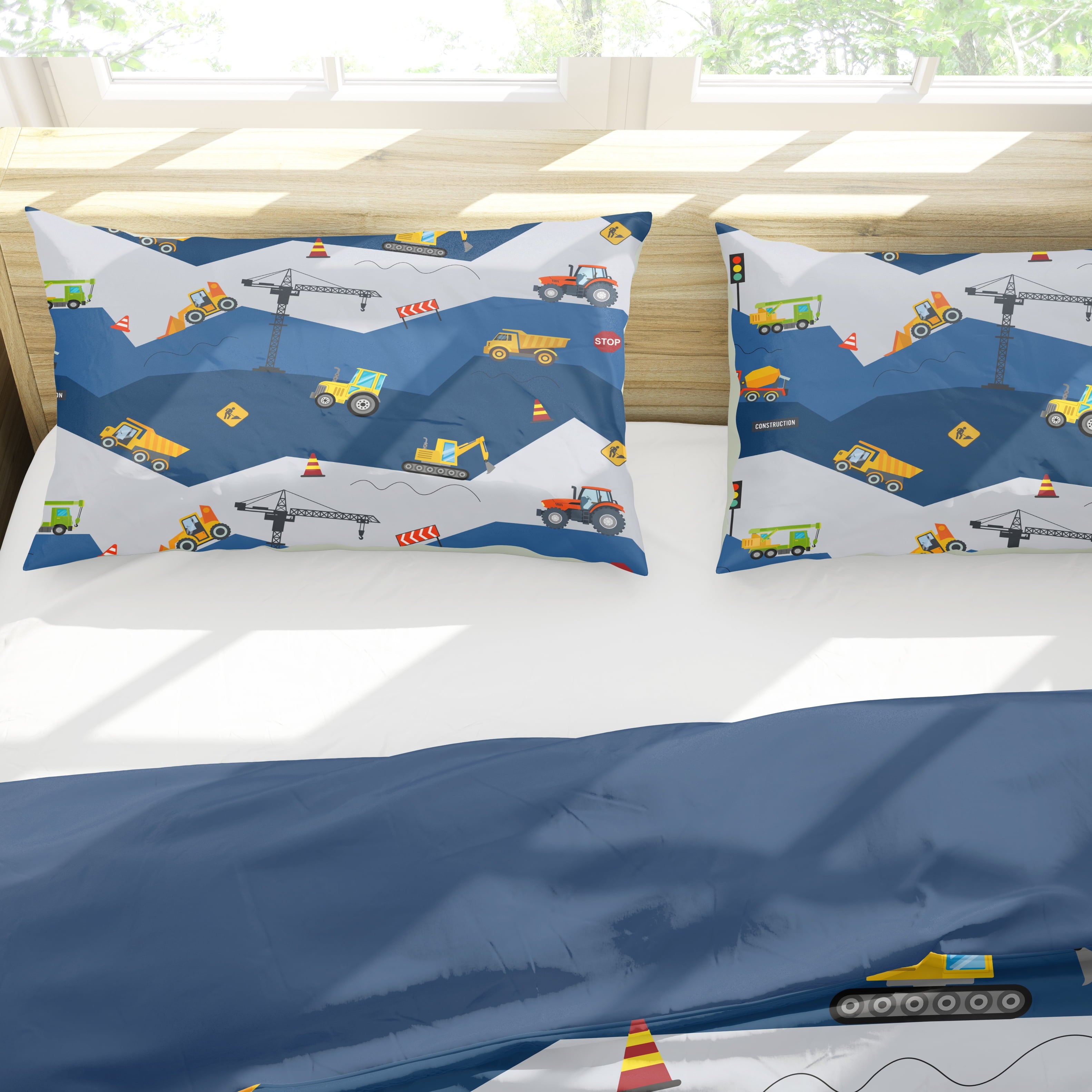 Car Comforter Set Construction Bedding Set for Boys Kids Trucks Comforter Cartoon Car Excavator Tractor Blue 3Pcs Twin - Image 3