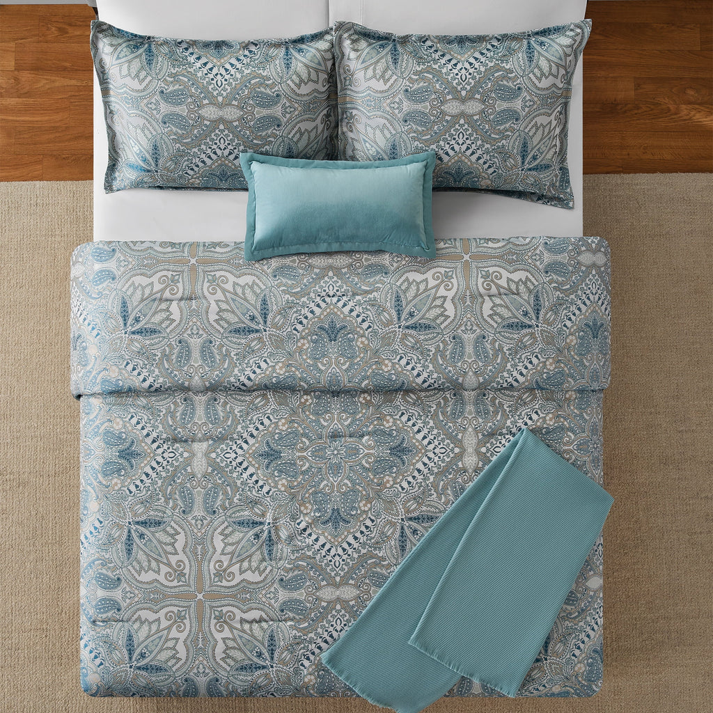 Full/Queen Comforter Set, All-Season, 5-Piece, Teal Jacquard Medallion - Image 2