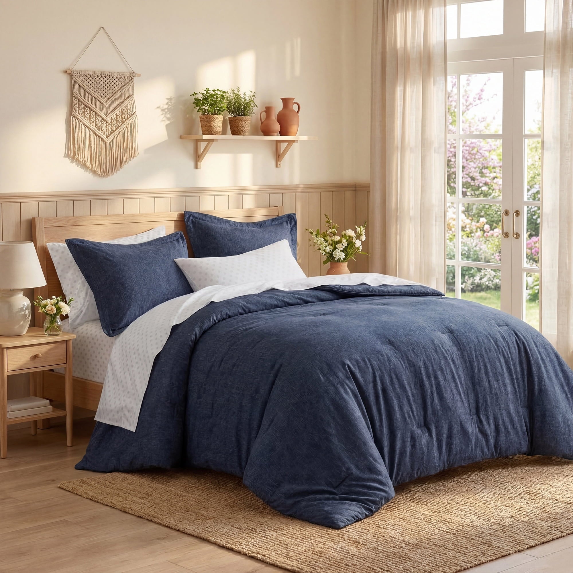 Queen Size Comforter Set, 7-Piece Reversible Bed in a Bag with Sheets, Navy - Image 2