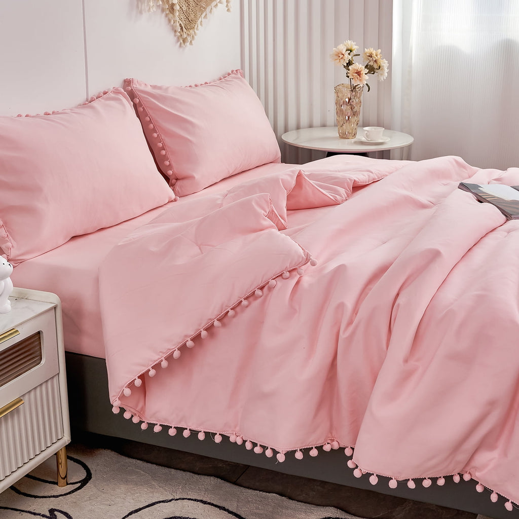 Pink Full Size Comforter Set Pom Fringe 3 Pcs Boho Chic Cute Ball Pom Blush Bedding Set Cali Soft Lightweight Solid B... - Image 3
