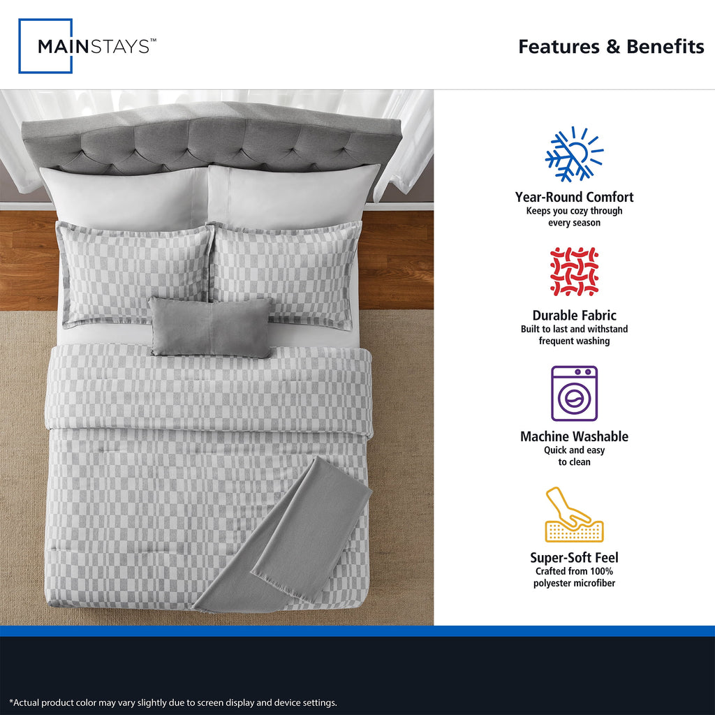 Full/Queen Comforter Set, All-Season, 5-Piece, Soft Silver Check - Image 4