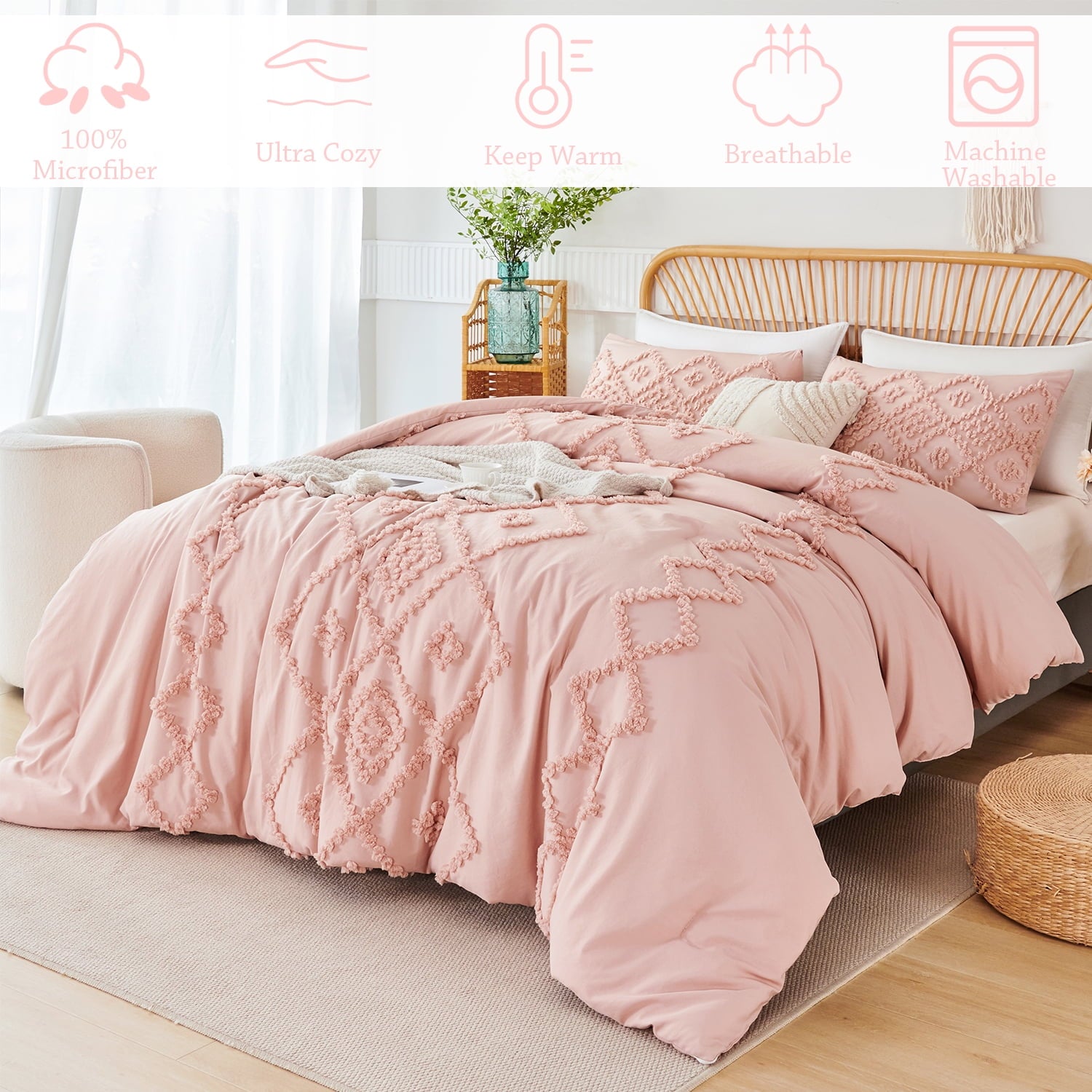 Pink Diamond Jacquard Comforter Set Queen 3 Pcs Bohemian Tufts Quilt Set for Kids Girls Adult 100% Soft Microfiber Be... - Image 5