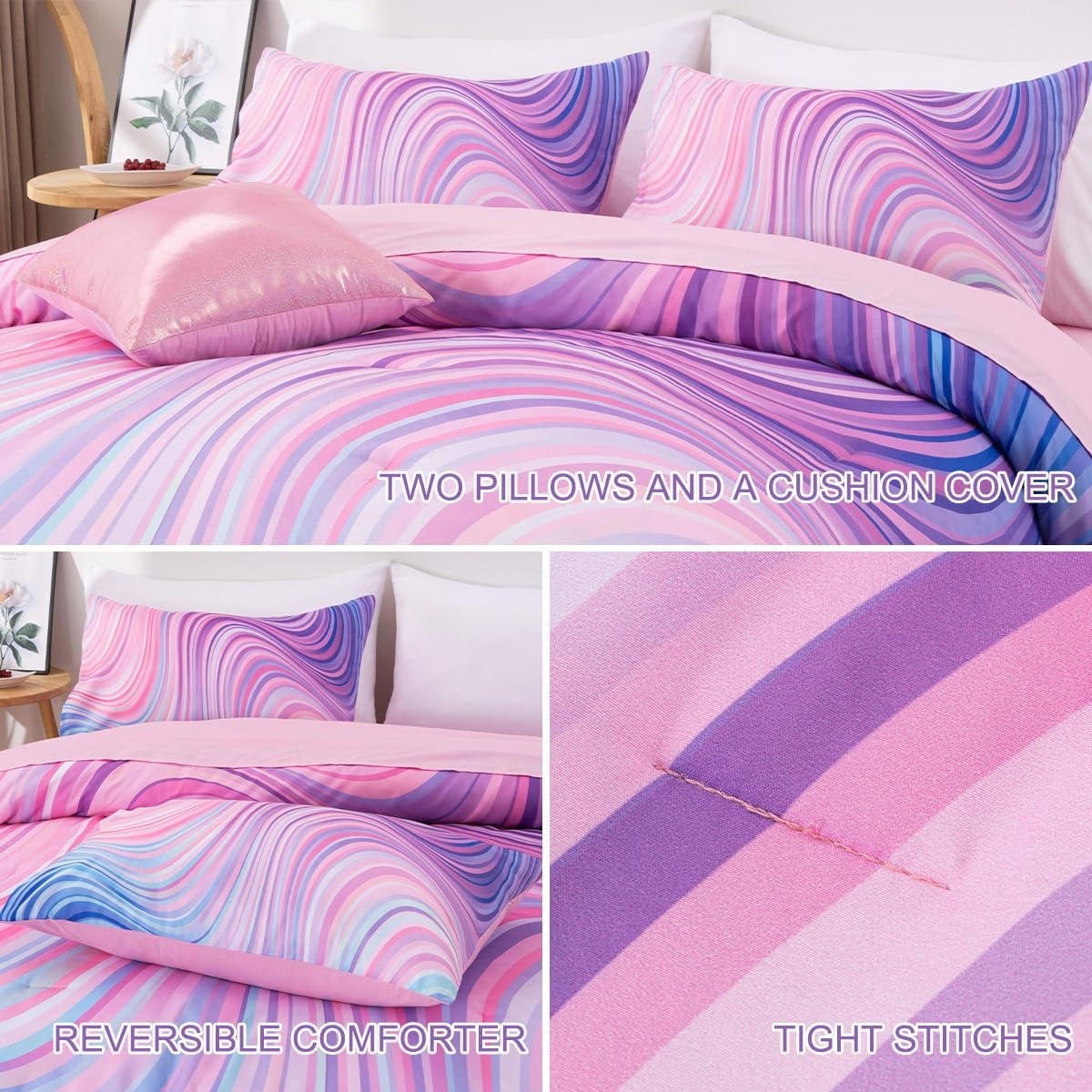 6 Pieces Gradient Star Ring Comforter Set, Colorful Glitter Rainbow Wave Stripes Pattern Bedding Set for Boys Girls T... - Image 5