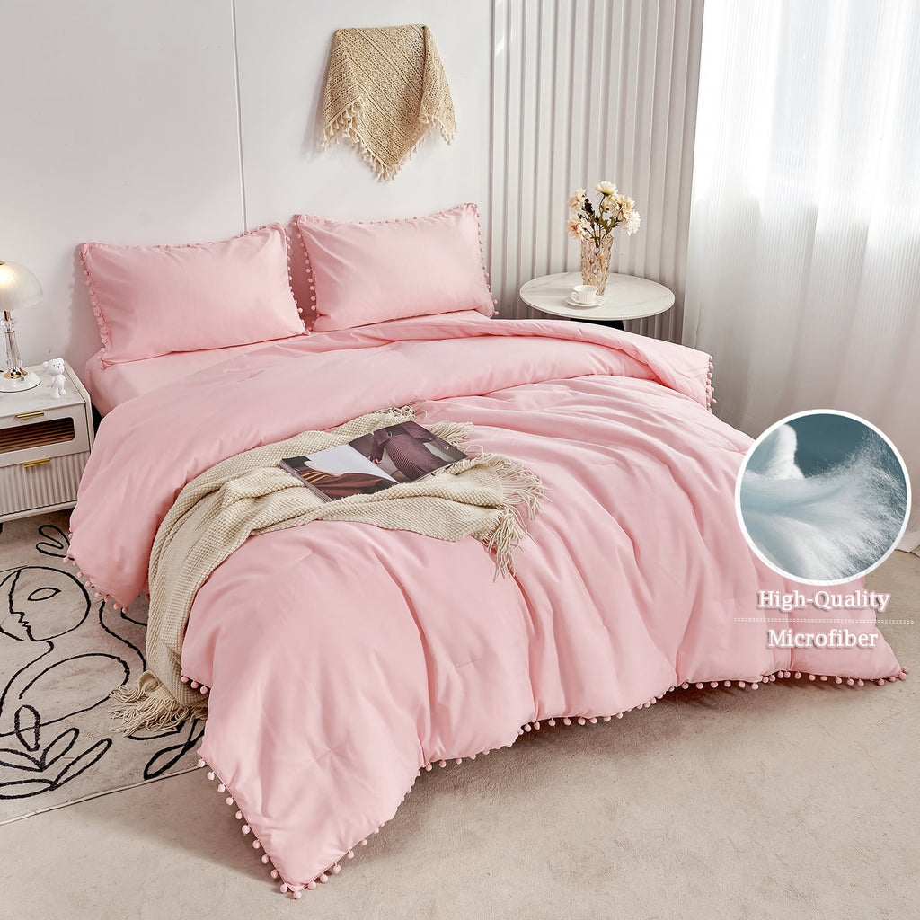 Pink Full Size Comforter Set Pom Fringe 3 Pcs Boho Chic Cute Ball Pom Blush Bedding Set Cali Soft Lightweight Solid B... - Image 2
