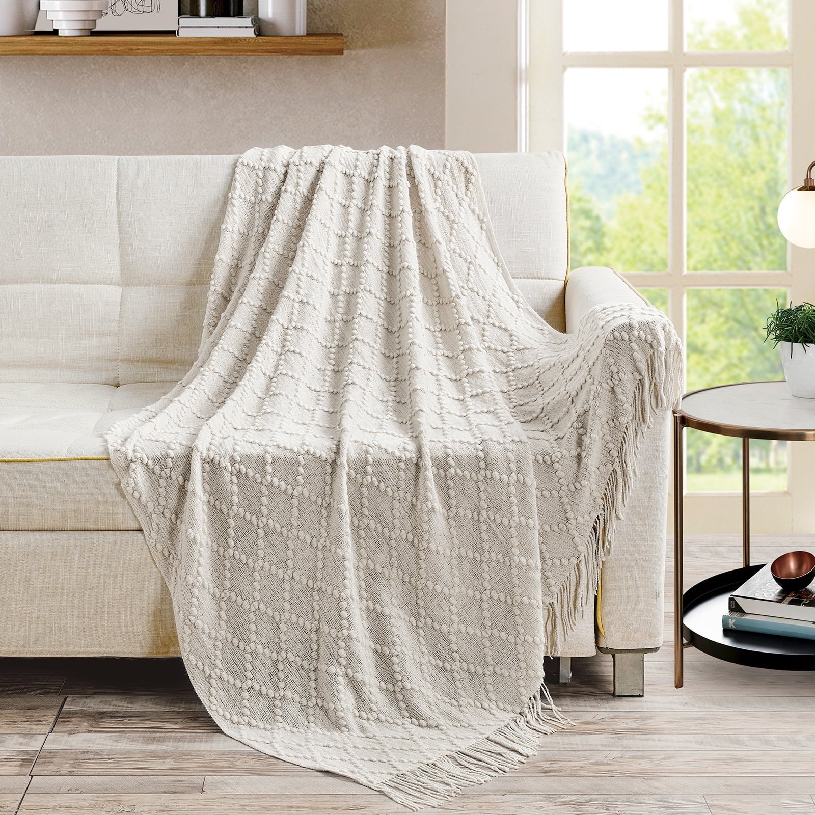 Texture Pure Color Soft Throw Blanket and Sofa Or Bed Knitted Decorative Blanket 50 x70 inches Jacquard Diamond Beige... - Image 3