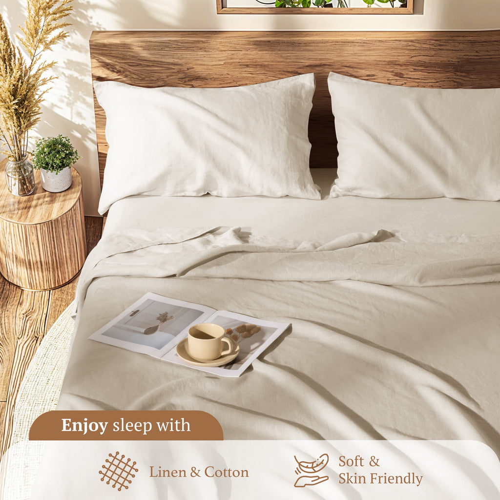 Natural Linen Cotton Bed Sheets Set, Deep Pocket - Breathable - Durable - 4 Pieces (Linen, Queen) - Image 3