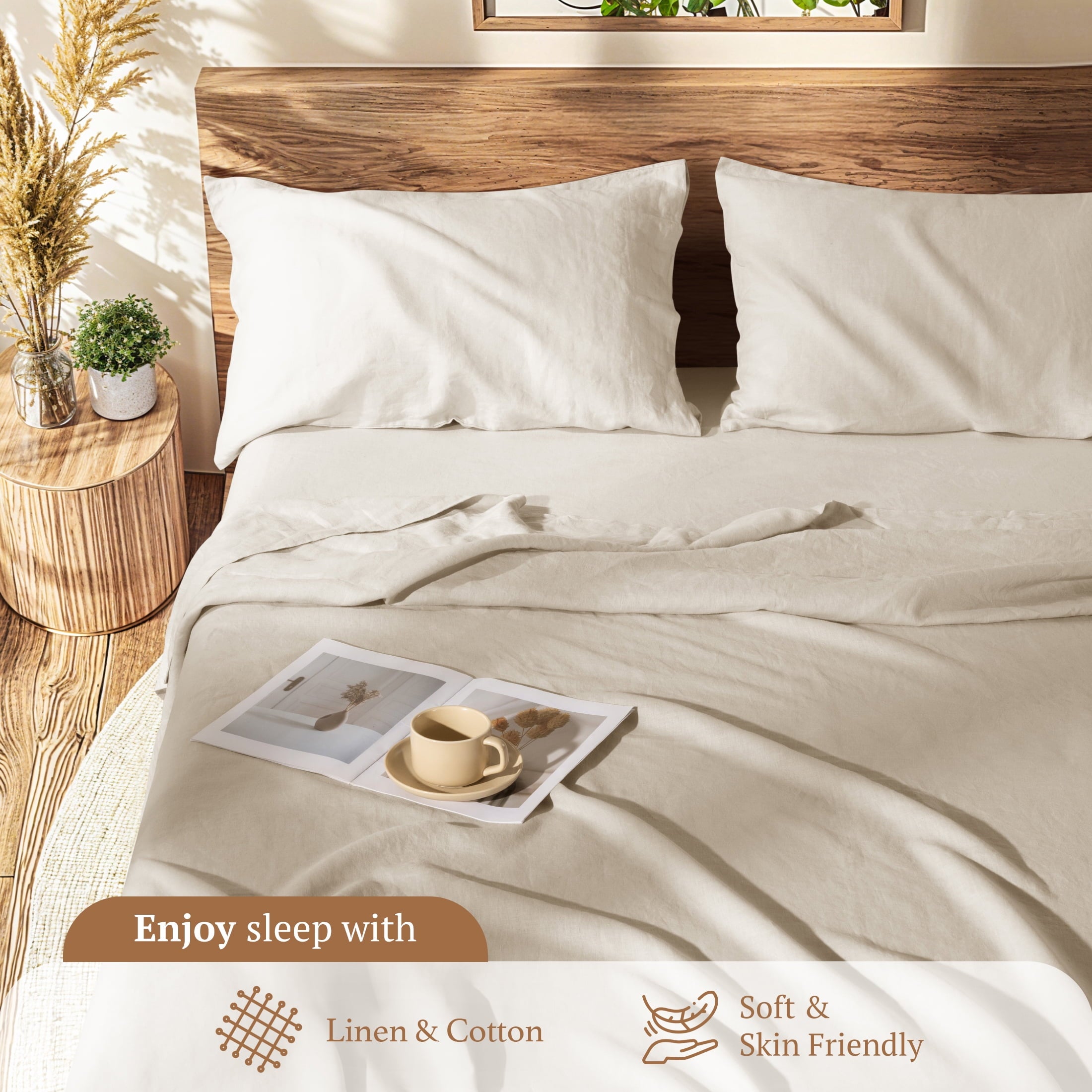 Natural Linen Cotton Bed Sheets Set, Deep Pocket - Breathable - Durable - 4 Pieces (Linen, Queen) - Image 3